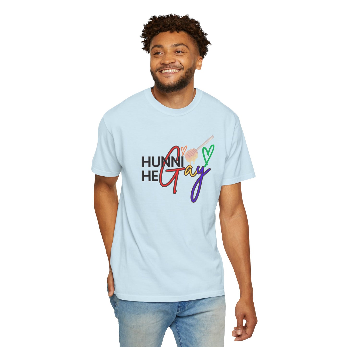 Chic baby blue "Hunni He Gay" t-shirt with playful rainbow lettering, blending casual comfort with a fierce Pride statement.