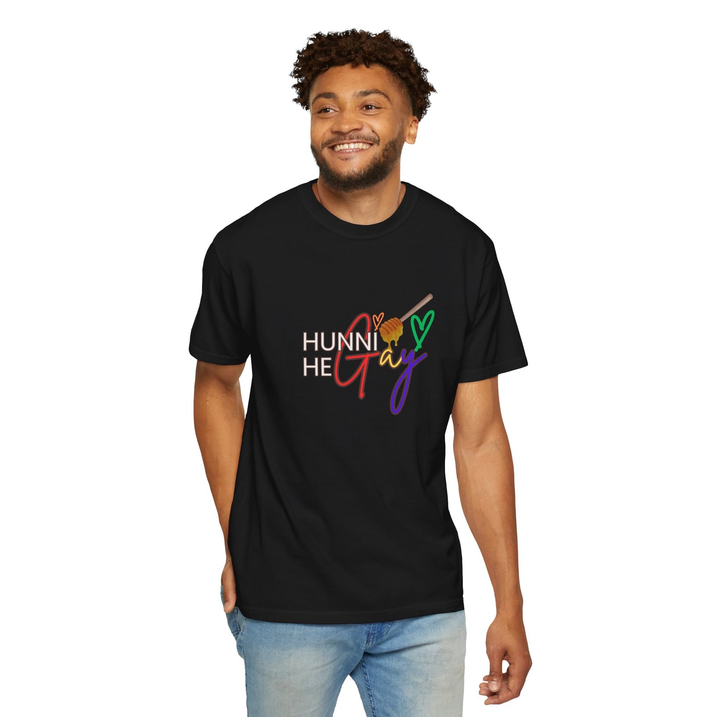 Sleek black “Hunni He Gay” t-shirt with crisp white lettering—modern, confident, and full of LGBTQ+ pride