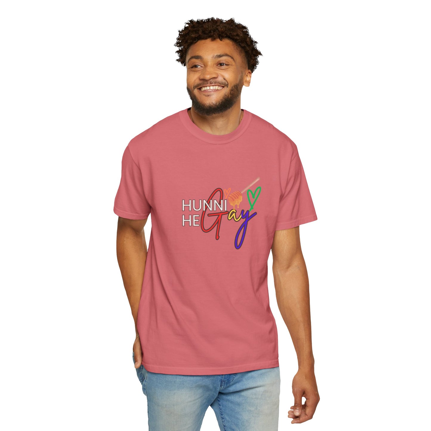 Blush pink “Hunni He Gay” t-shirt with bold lettering, a soft and stylish nod to LGBTQ+ pride.