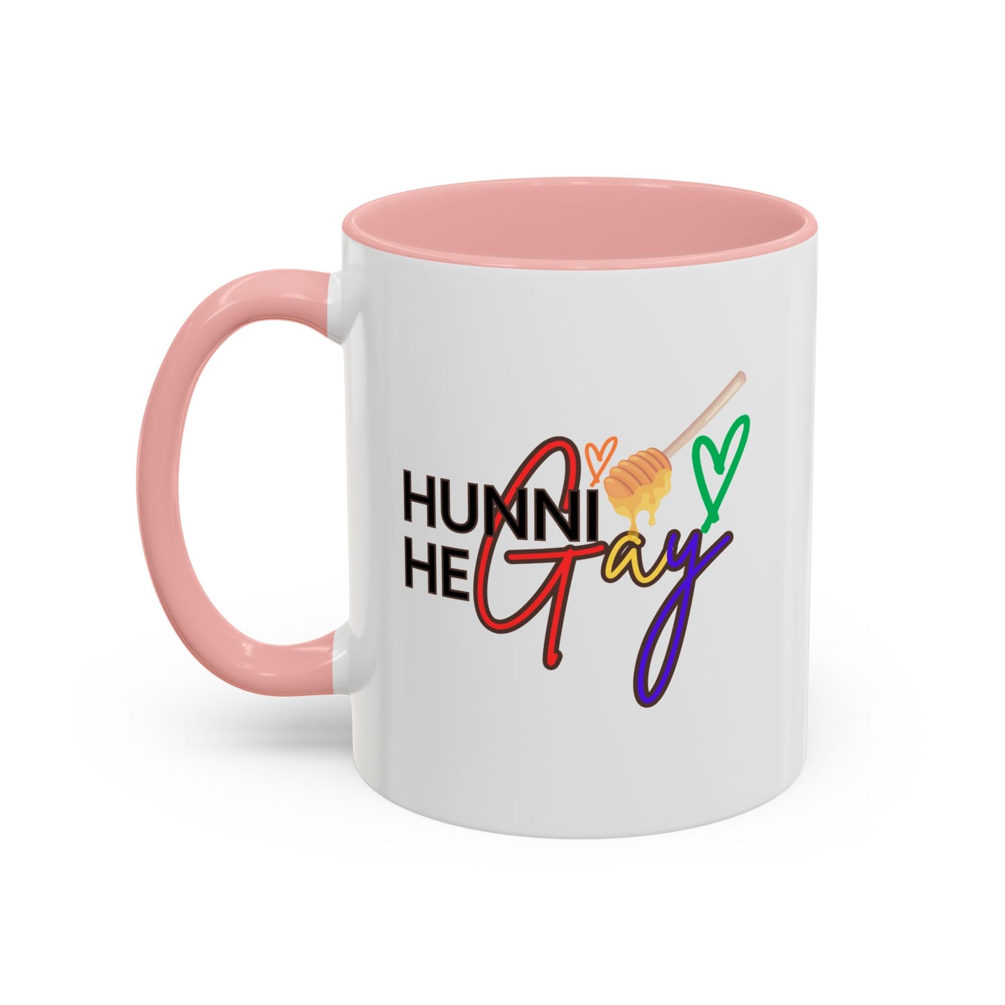 Glossy ceramic drinkware featuring "Hunni He Gay" in eye-catching rainbow typography, highlighted by a vibrant bubblegum pink handle and rim to add extra personality to this Pride essential.
