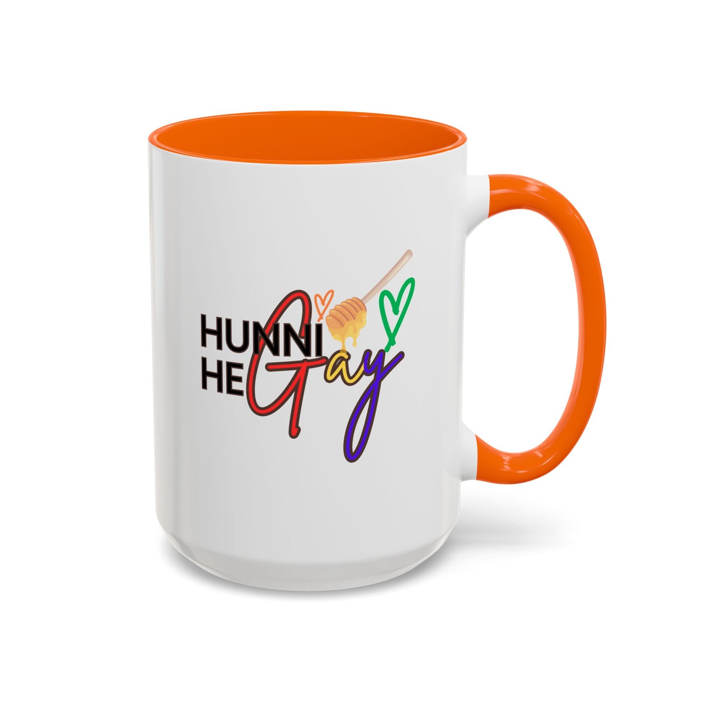 Eye-catching LGBTQ+ coffee cup with colorful "Hunni He Gay" typography, finished with a bright orange accent that radiates warmth and inclusivity.