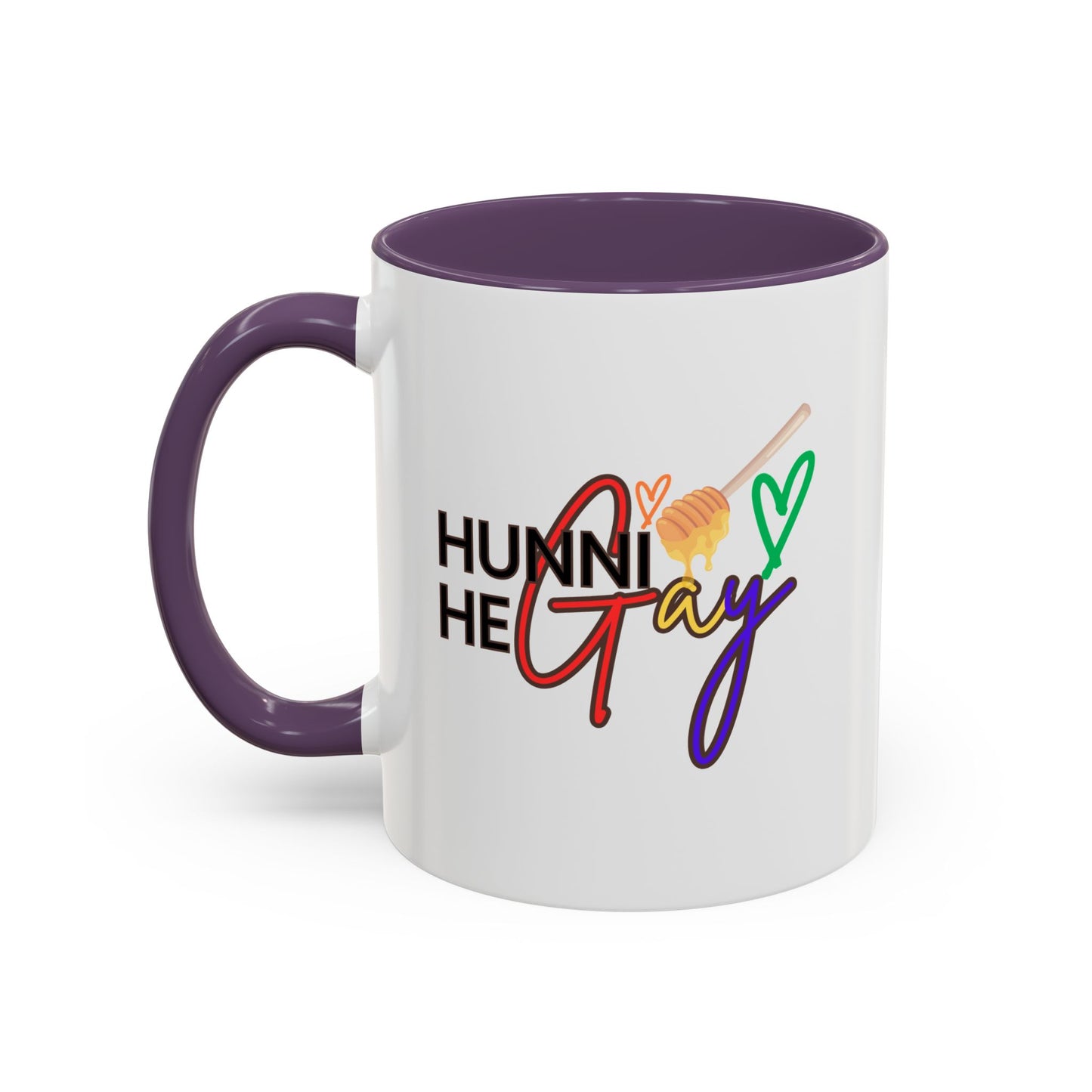 Eye-catching LGBTQ+ coffee cup with a colorful "Hunni He Gay" design, accented with a rich purple handle and rim for a stylish Pride-inspired drinkware piece.