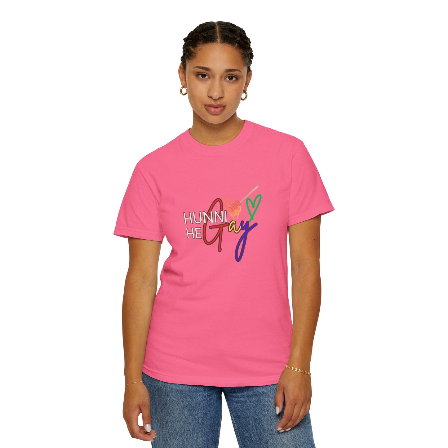 Vibrant hot pink “Hunni He Gay” t-shirt with bold lettering, making a playful and confident Pride statement