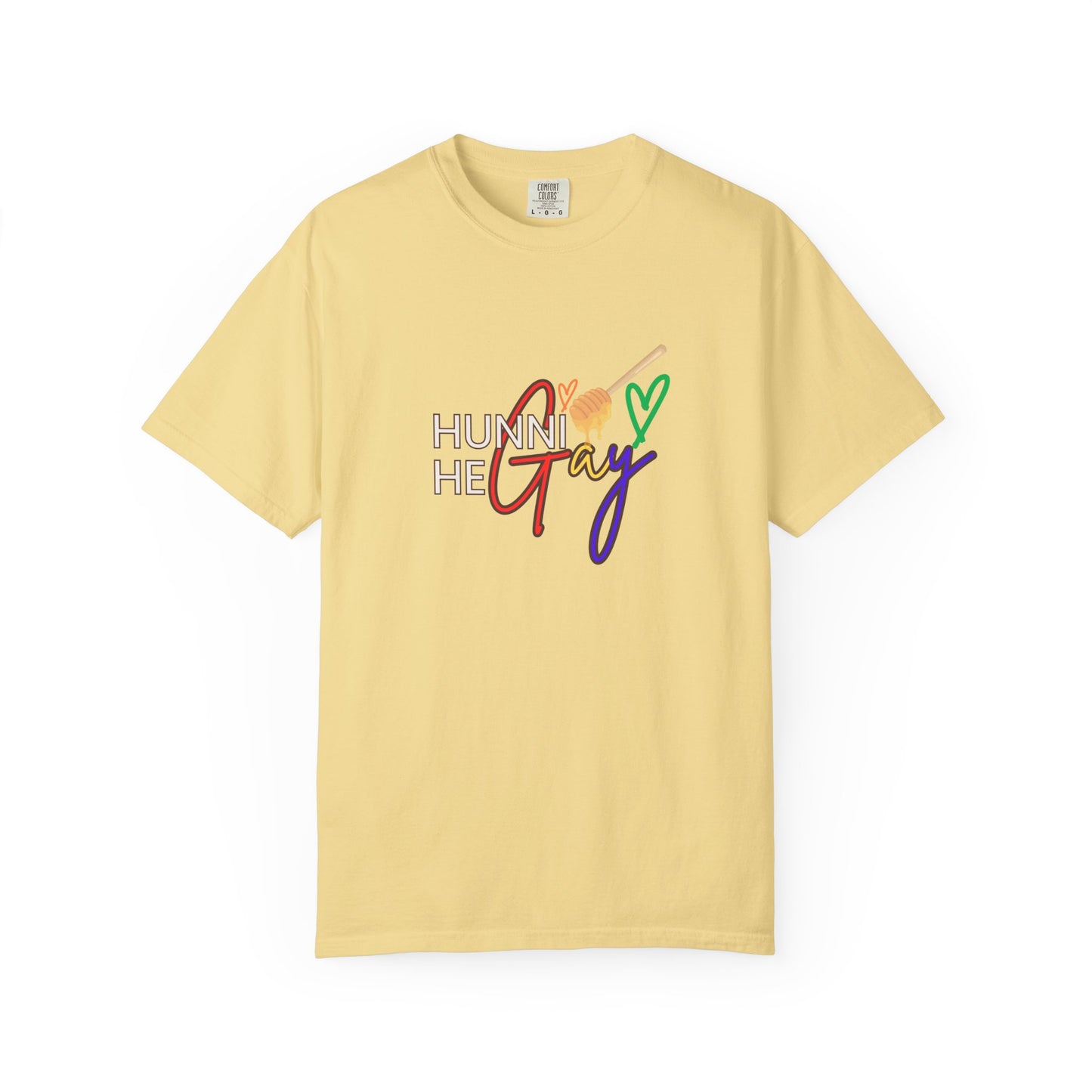 Butter yellow “Hunni He Gay” t-shirt with crisp white lettering—warm, bright, and full of Pride energy