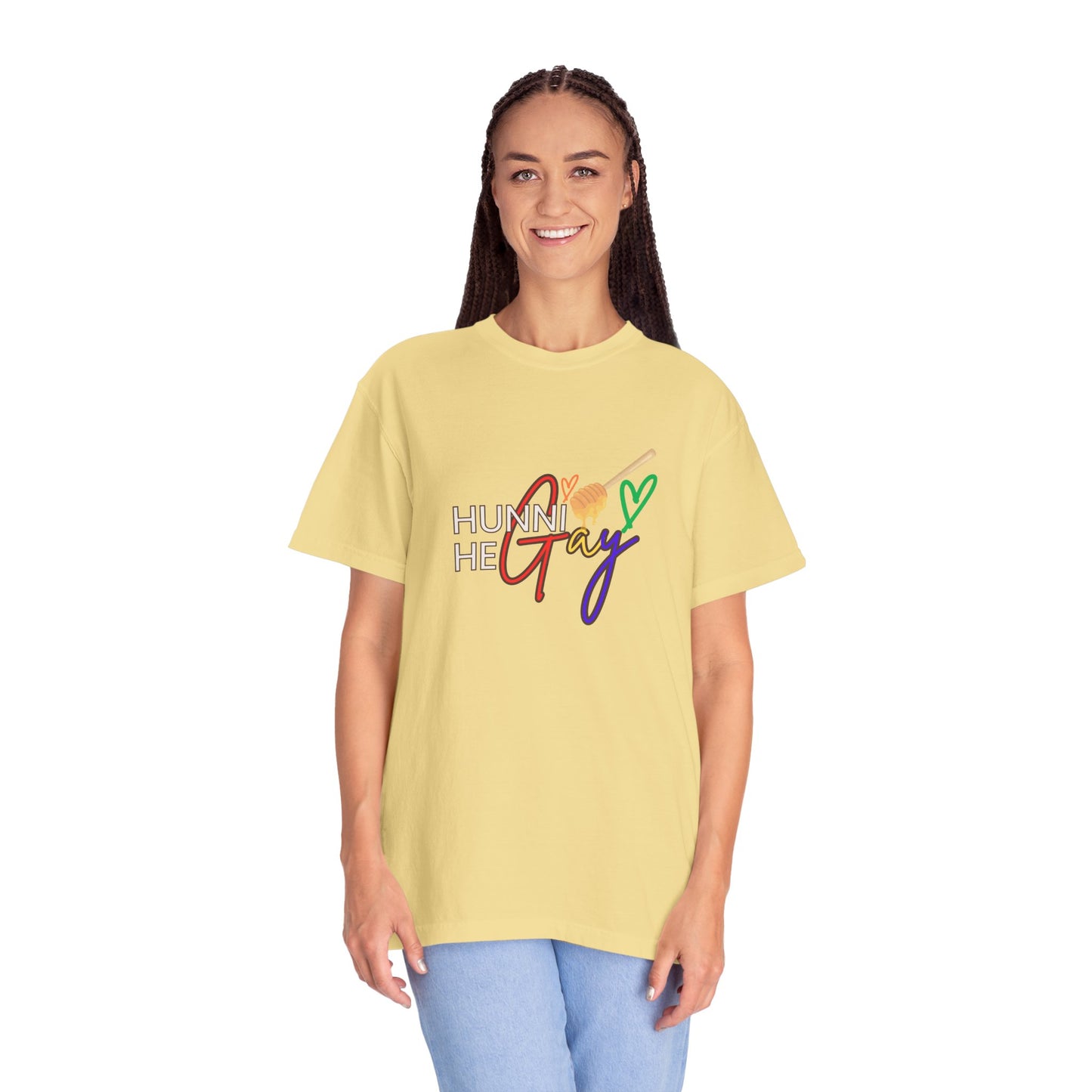 Soft butter yellow “Hunni He Gay” t-shirt with bold white lettering, bringing a sunny and playful vibe to Pride apparel.