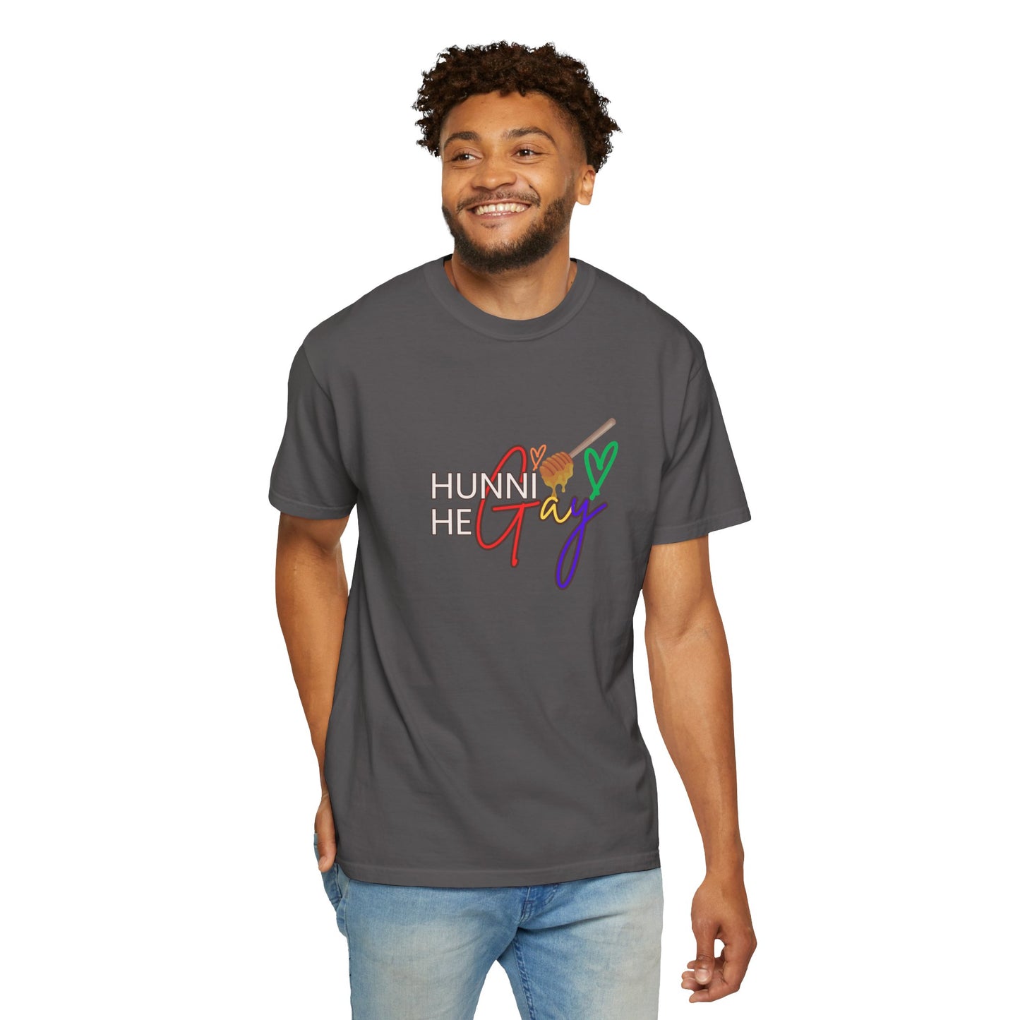 Charcoal gray “Hunni He Gay” t-shirt with bold white lettering, a modern and stylish Pride apparel choice.