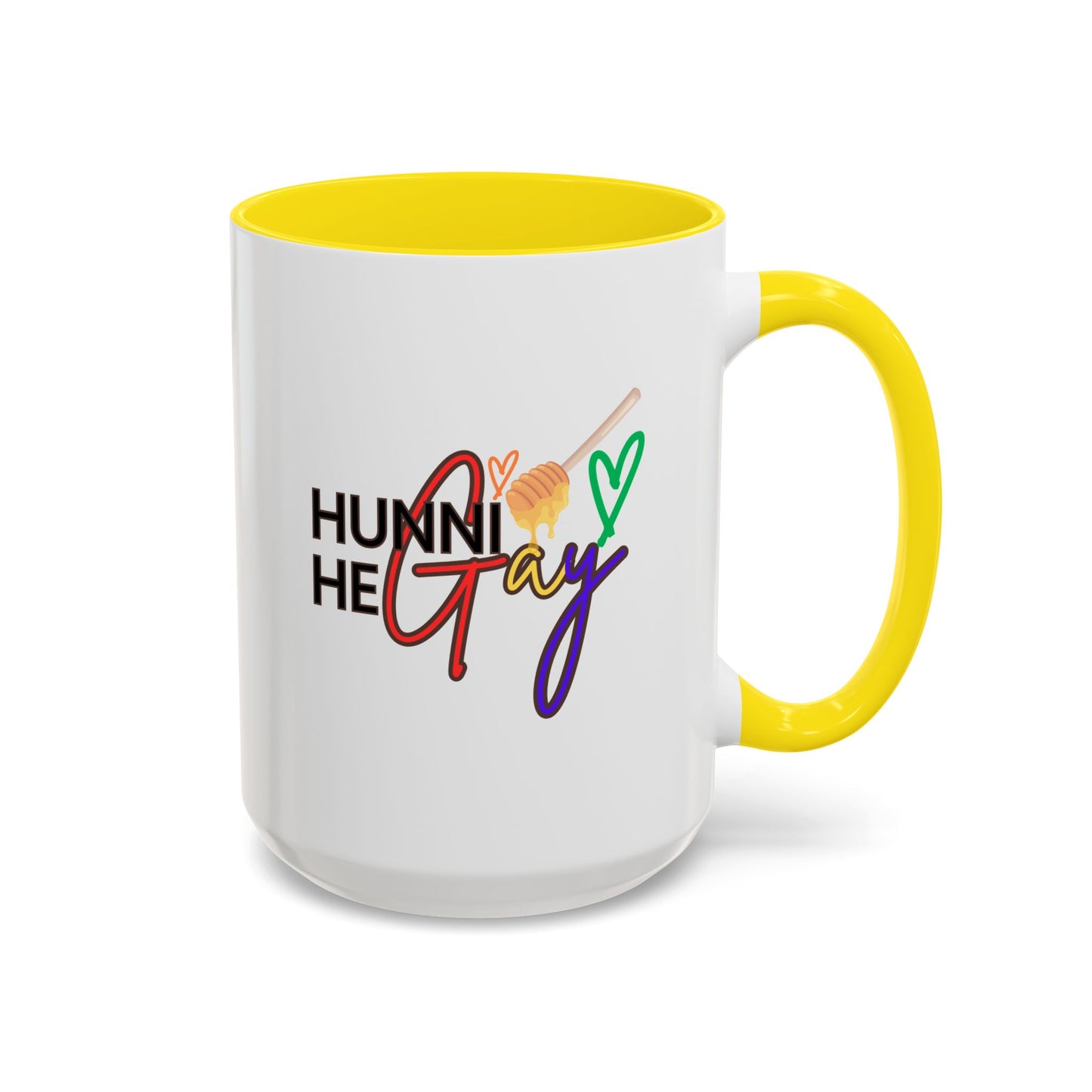 Cheerful white ceramic coffee mug featuring "Hunni He Gay" in playful rainbow lettering, paired with a vibrant yellow handle and rim for a bright Pride statement.
