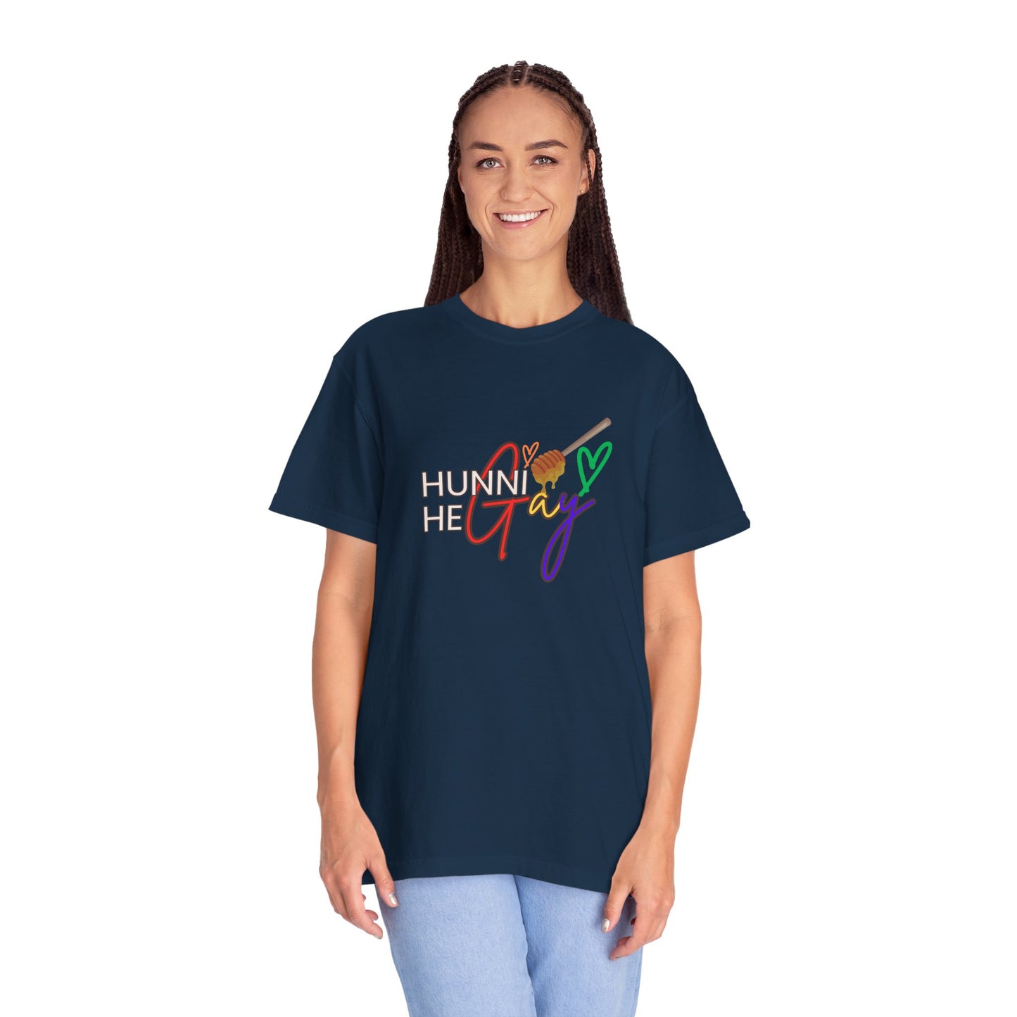 Deep navy “Hunni He Gay” t-shirt with crisp white lettering—classic, confident, and perfect for Pride