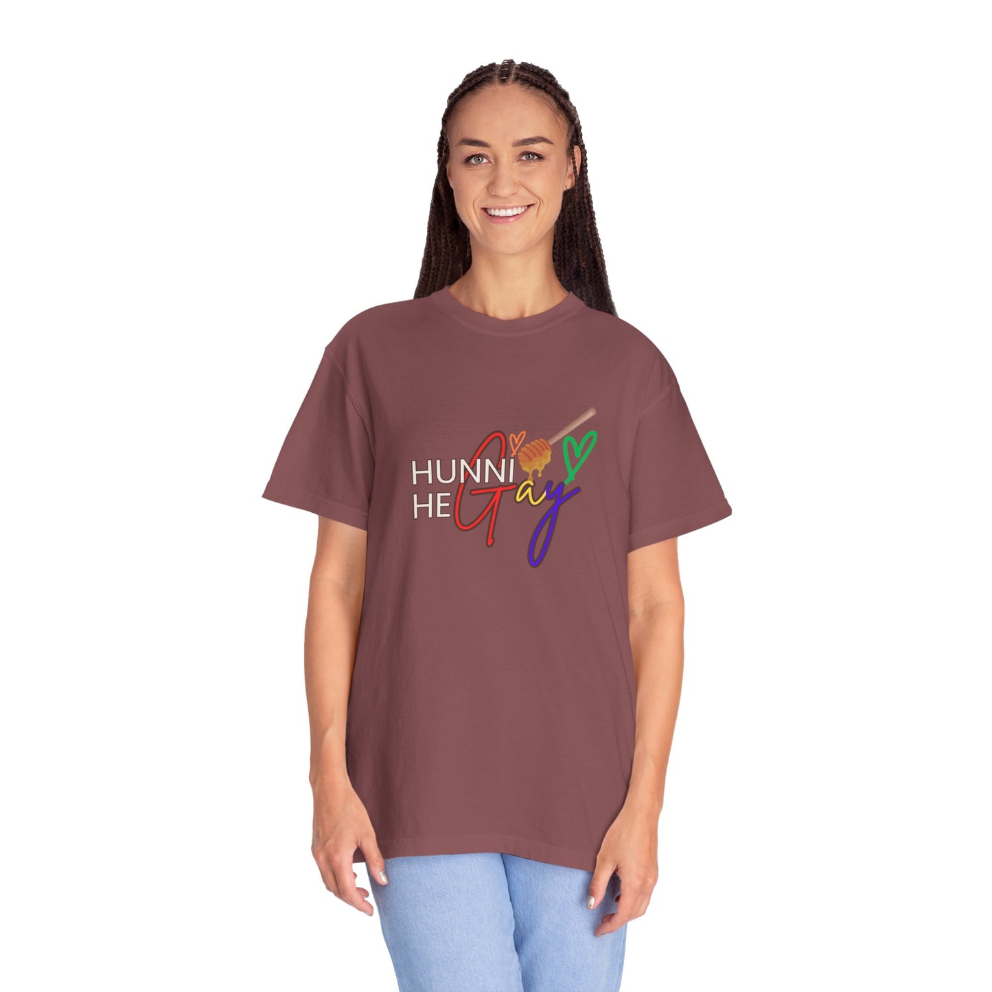 Deep dark purple “Hunni He Gay” t-shirt with crisp white lettering—stylish, confident, and full of LGBTQ+ pride