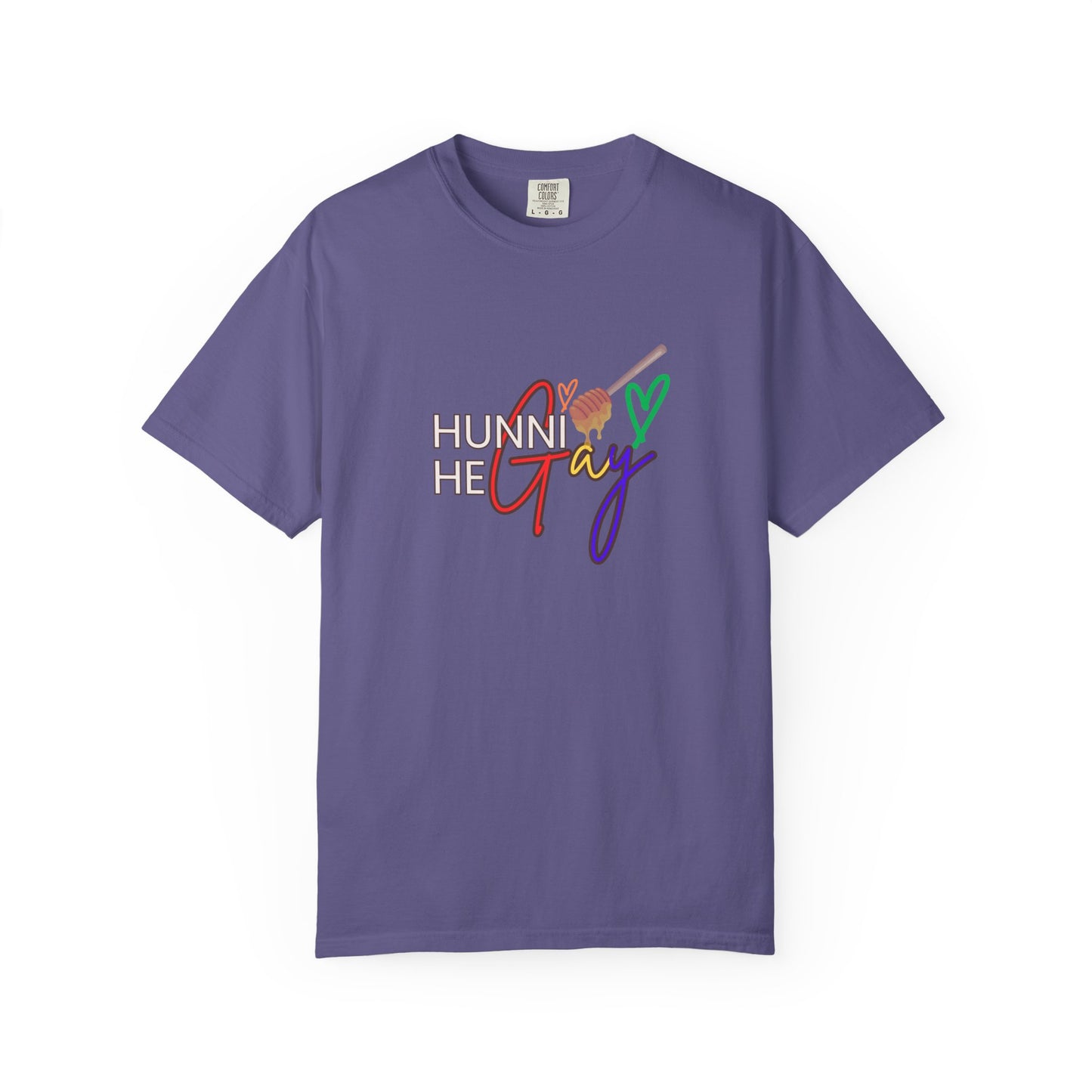Deep purple Pride t-shirt with “Hunni He Gay” printed across the chest—bold, confident, and effortlessly cool