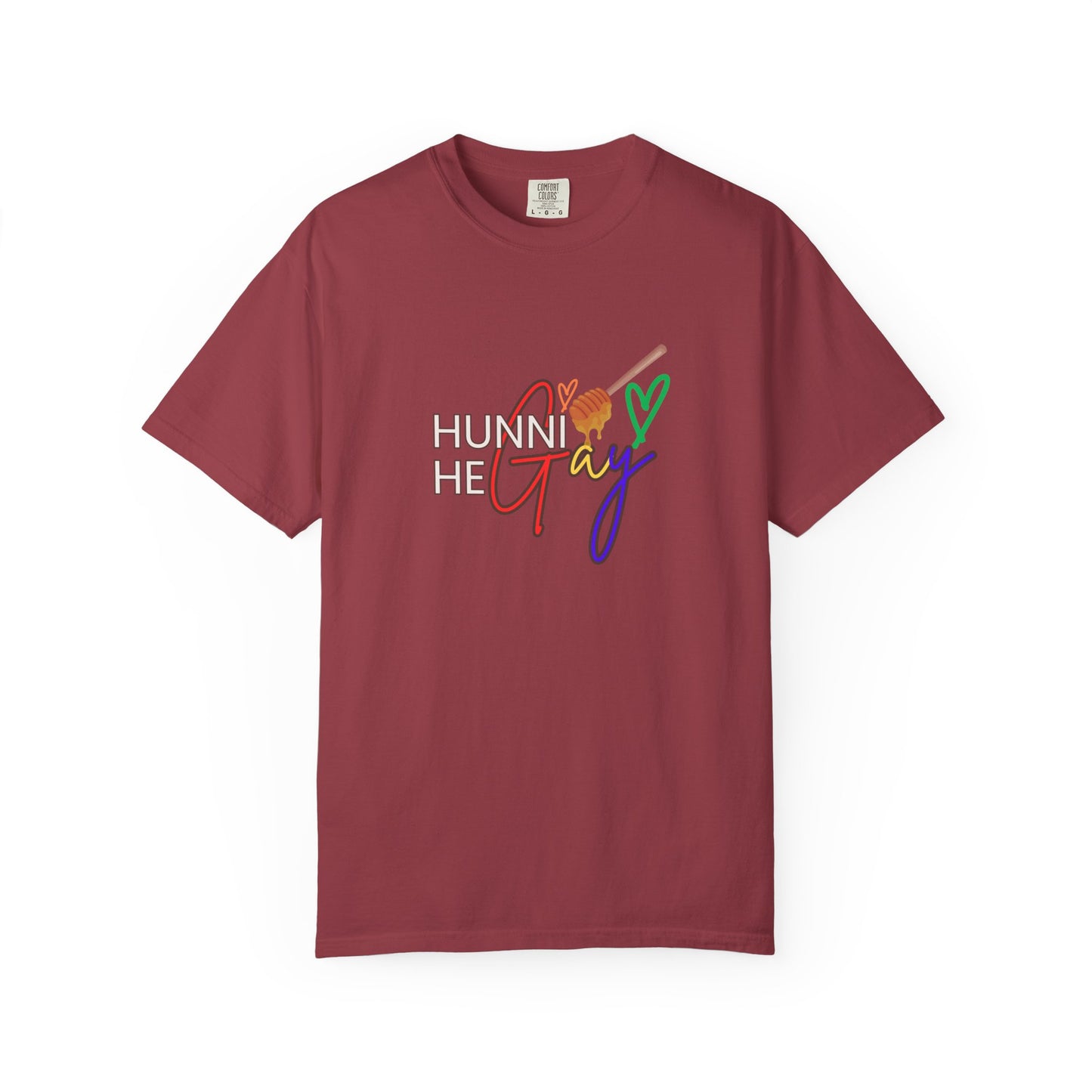Deep wine red “Hunni He Gay” t-shirt with crisp white lettering—stylish, confident, and full of LGBTQ+ pride