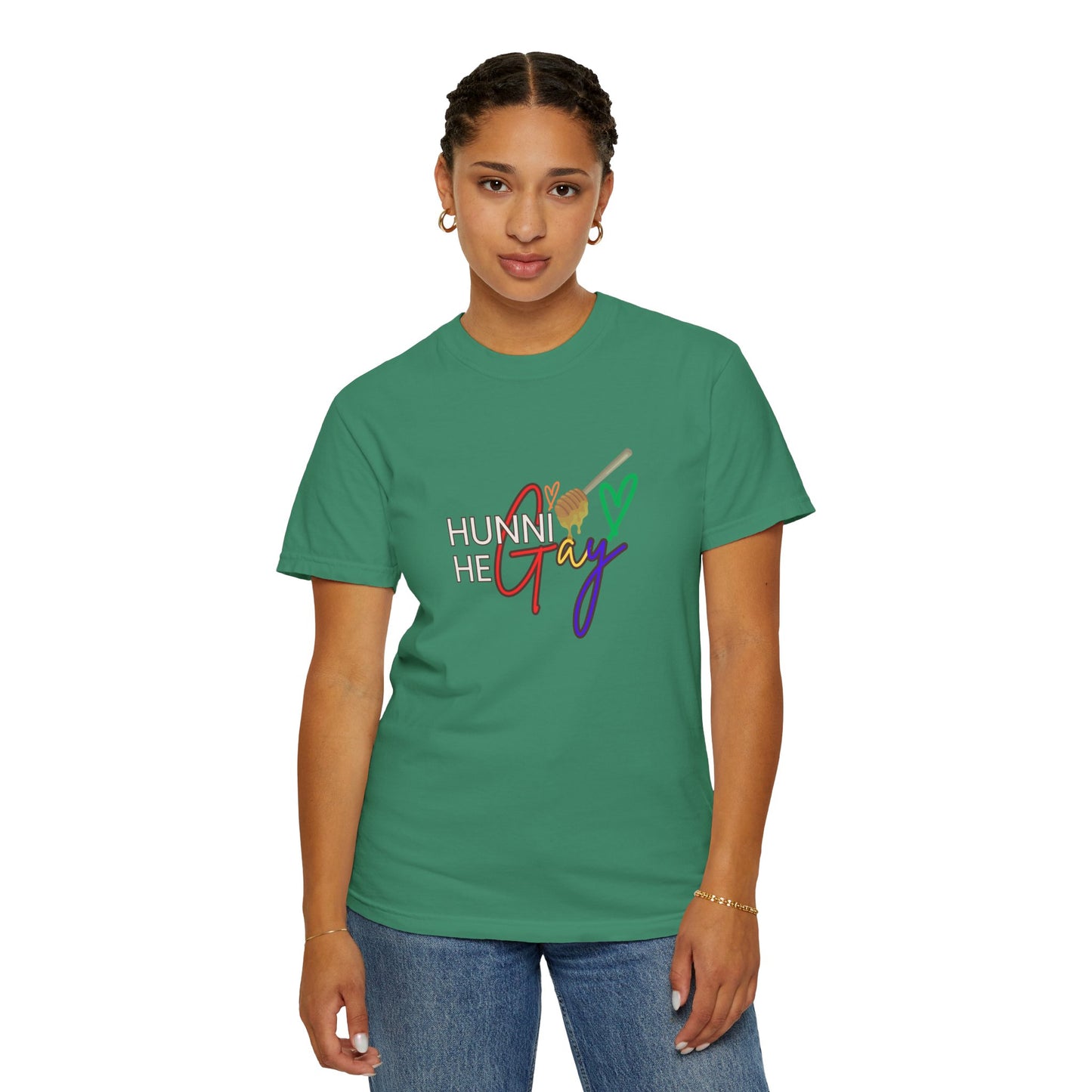 Deep forest green “Hunni He Gay” t-shirt with crisp white lettering—classic, confident, and full of LGBTQ+ pride