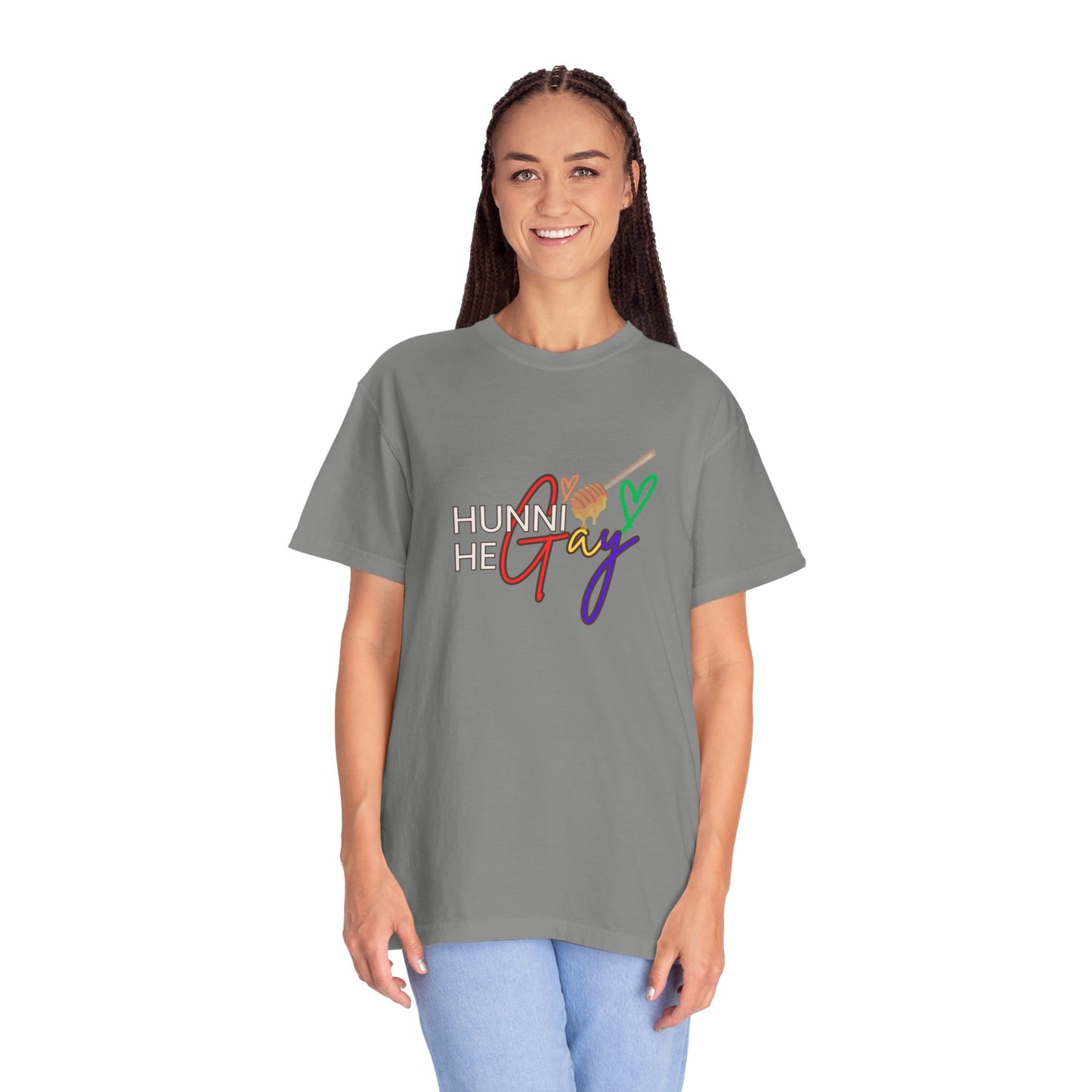 Light gray “Hunni He Gay” t-shirt with bold black lettering—casual, stylish, and perfect for everyday Pride expression.