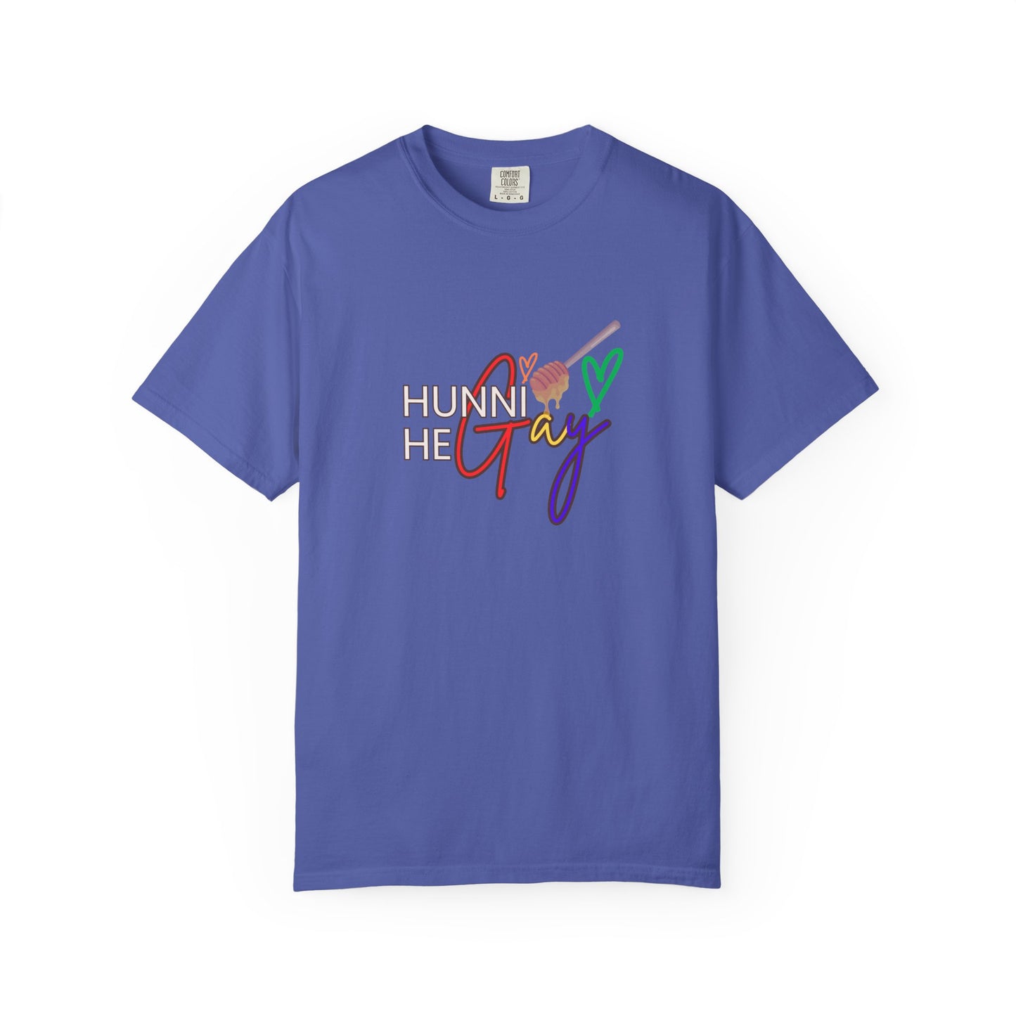 Indigo “Hunni He Gay” t-shirt with bold white lettering—deep, rich, and full of LGBTQ+ pride.