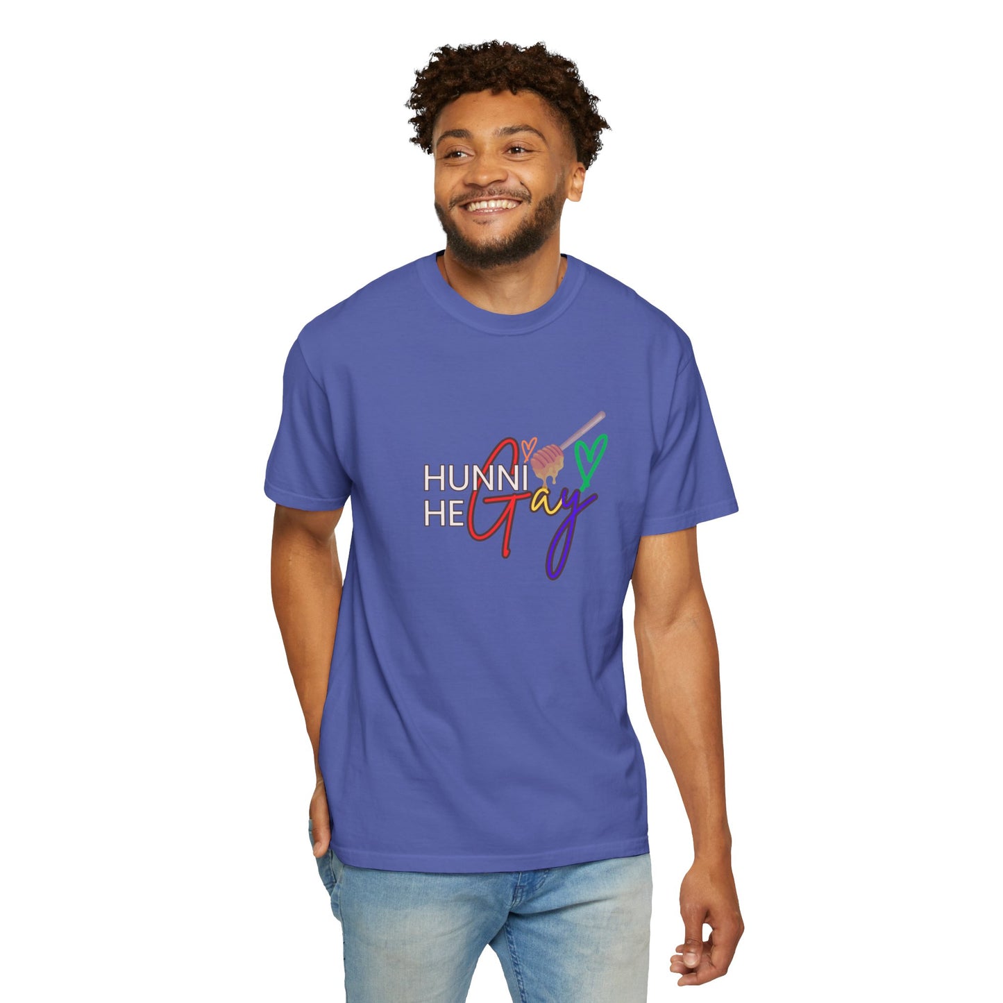 Indigo “Hunni He Gay” t-shirt with bold white lettering—eye-catching and full of LGBTQ+ pride.