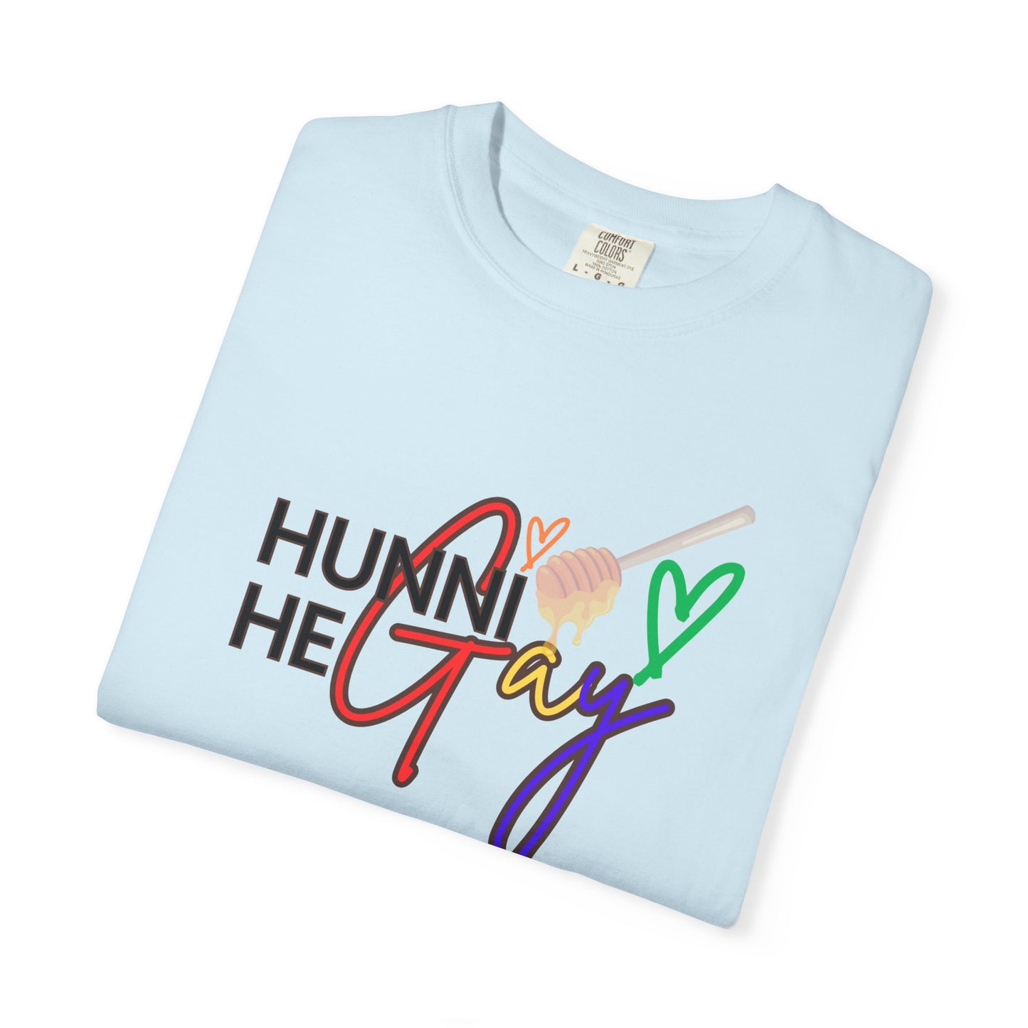 Pastel baby blue tee with colorful "Hunni He Gay" typography, designed for stylish allyship and everyday Pride celebrations.