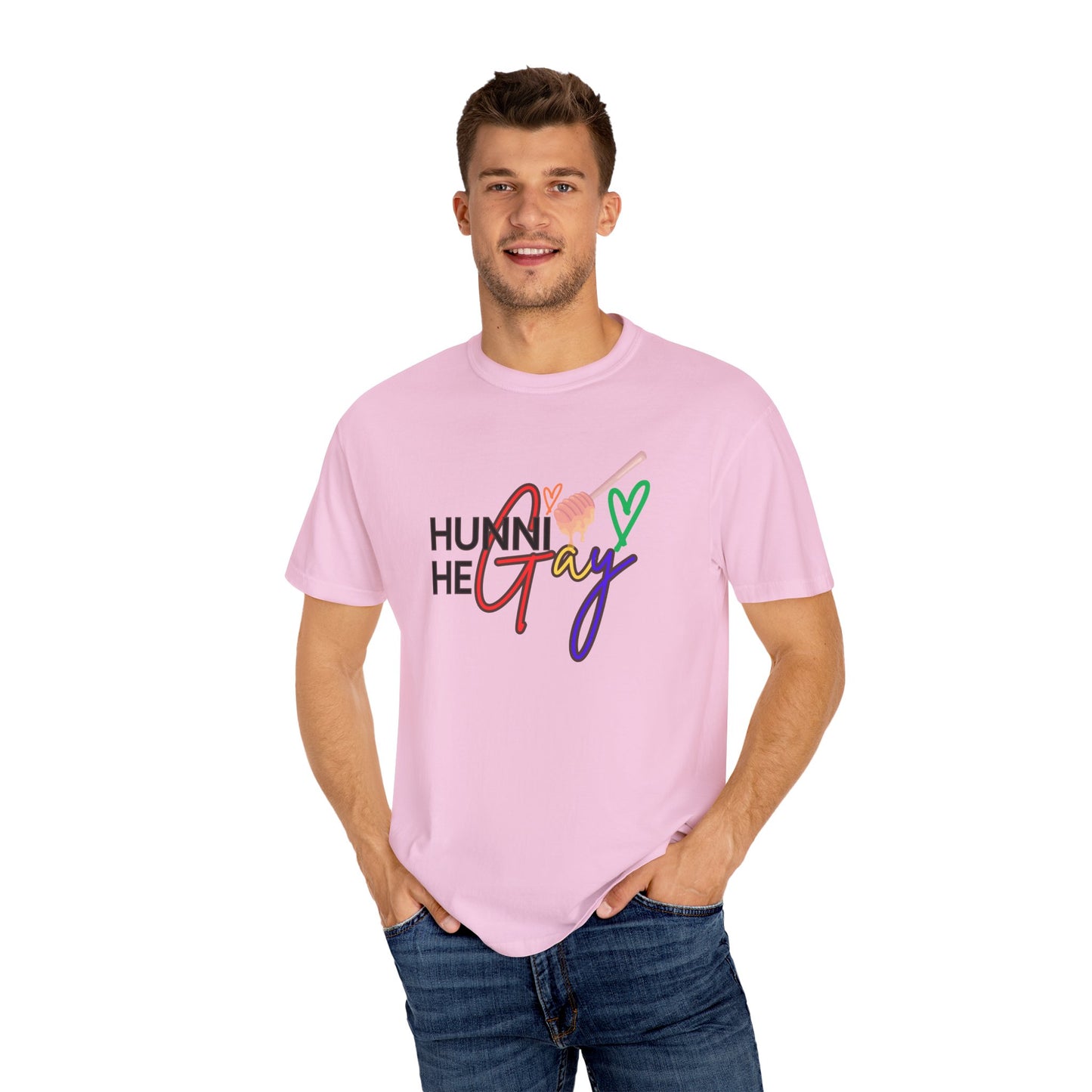 Soft pastel pink tee with vibrant "Hunni He Gay" text, celebrating LGBTQ+ pride with a fun and expressive design.
