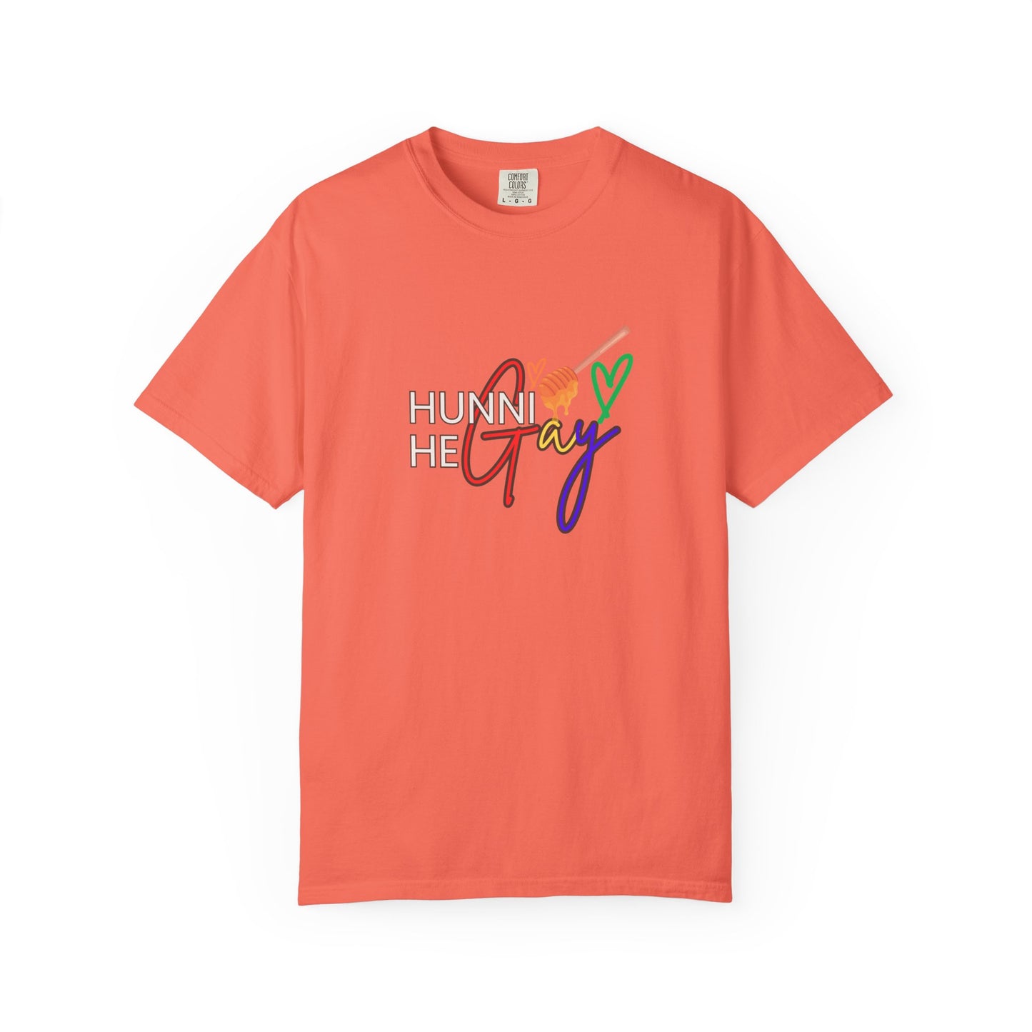 Peachy pink “Hunni He Gay” t-shirt with bold lettering—soft, vibrant, and perfect for LGBTQ+ self-expression.