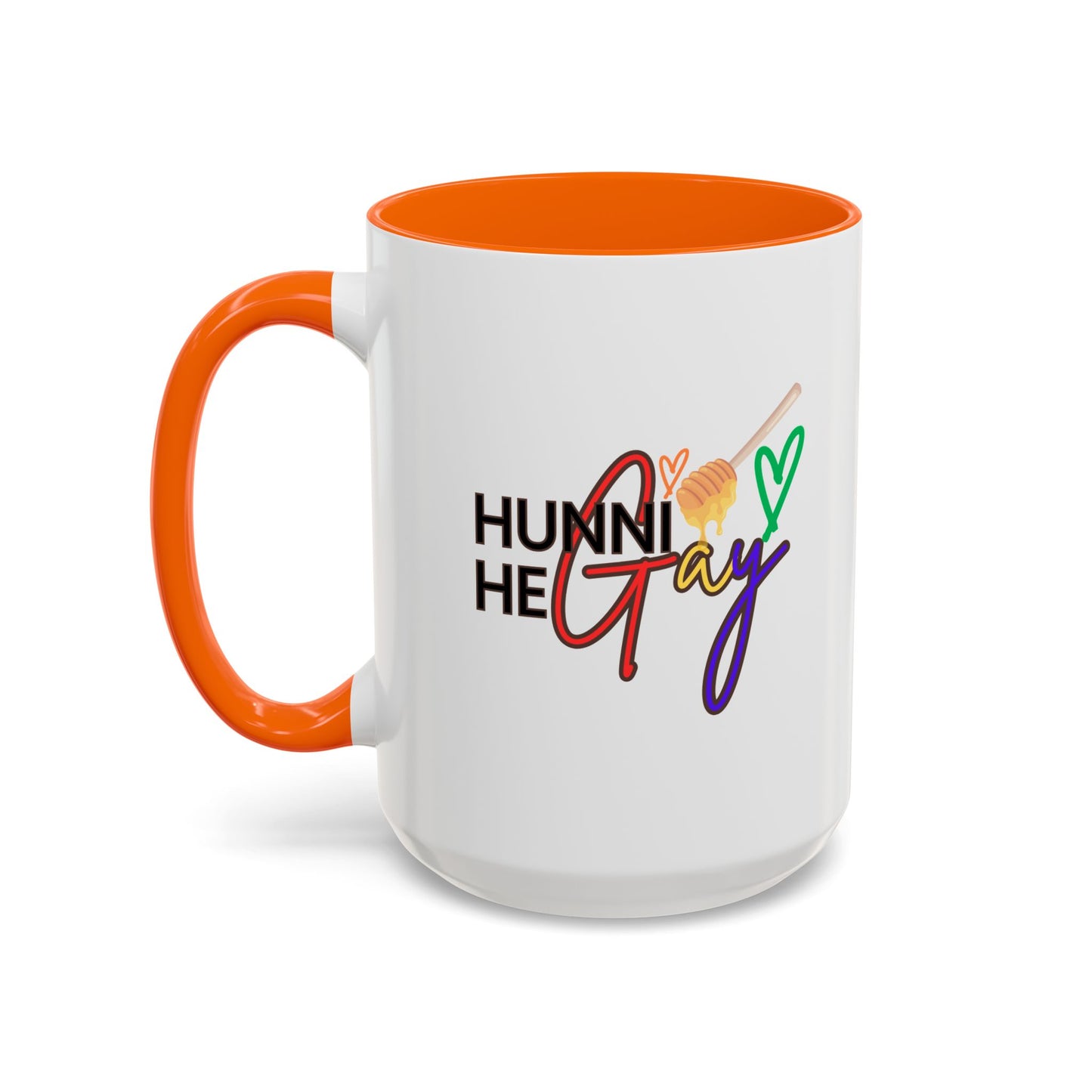 White ceramic coffee mug featuring "Hunni He Gay" in bold rainbow text, accented with a vibrant orange handle and rim, adding a fiery pop of color to your Pride collection.