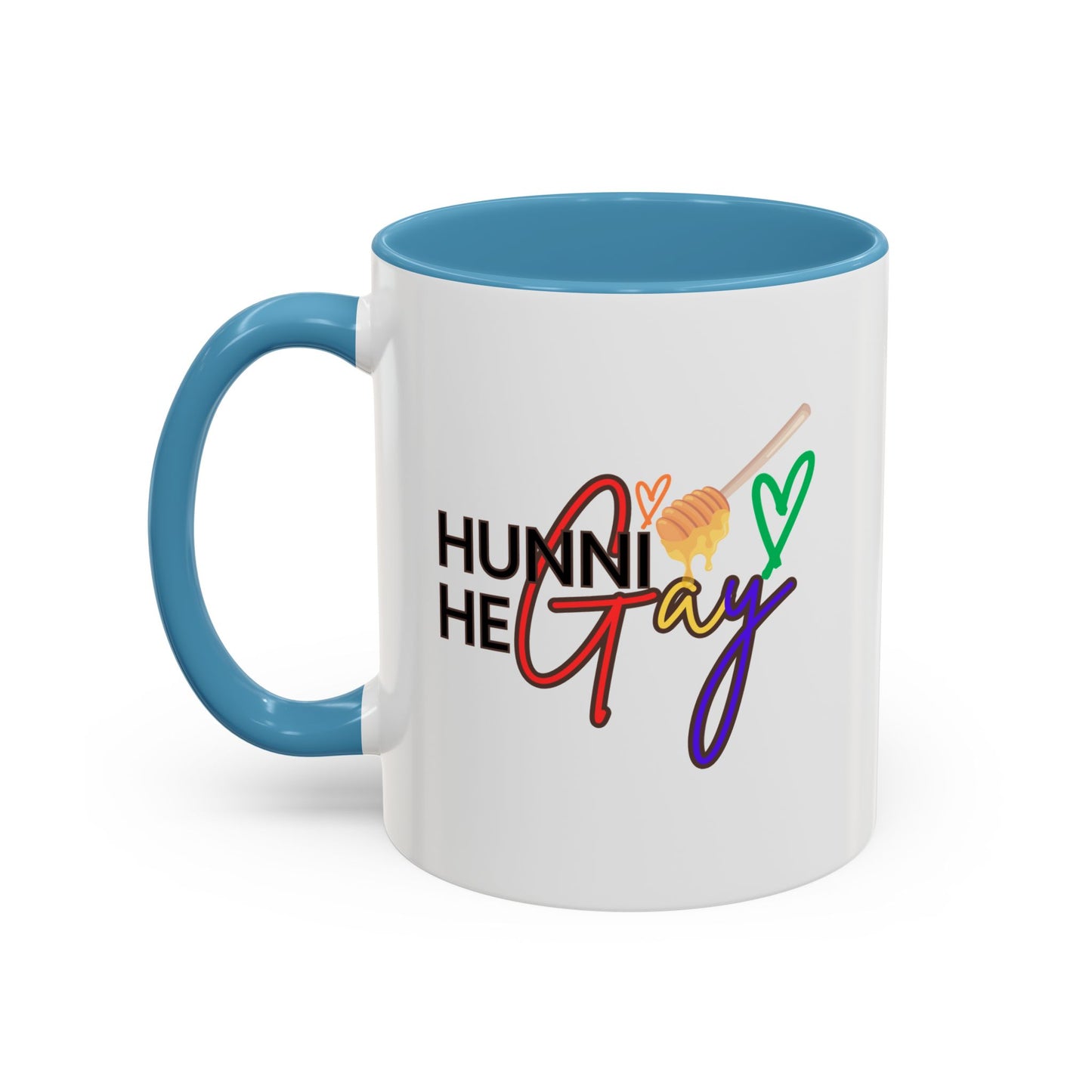 Glossy ceramic drinkware featuring "Hunni He Gay" in a playful rainbow design, highlighted by a soft baby blue handle and rim for a refreshing take on Pride aesthetics.
