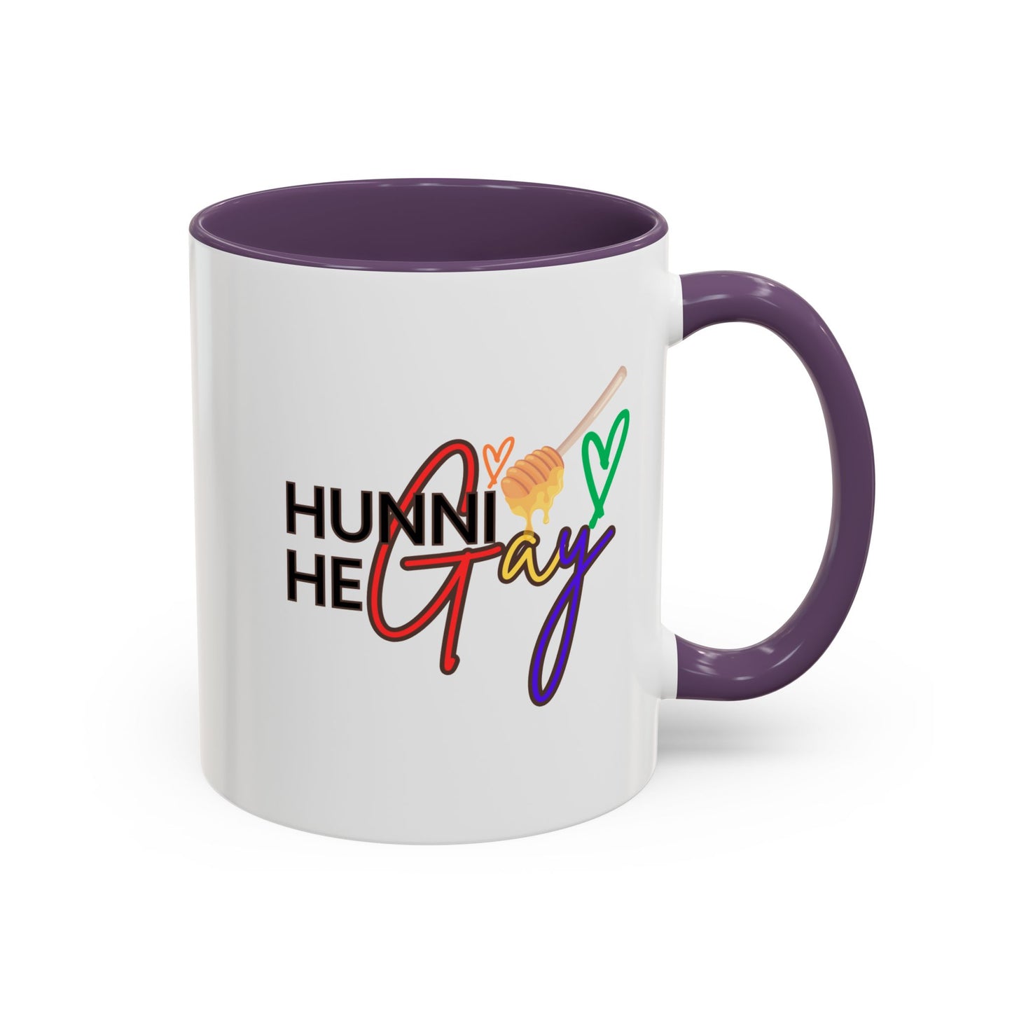 Fierce and stylish "Hunni He Gay" ceramic mug featuring vibrant rainbow text, complemented by a rich purple handle and rim for a regal, unapologetic Pride aesthetic.