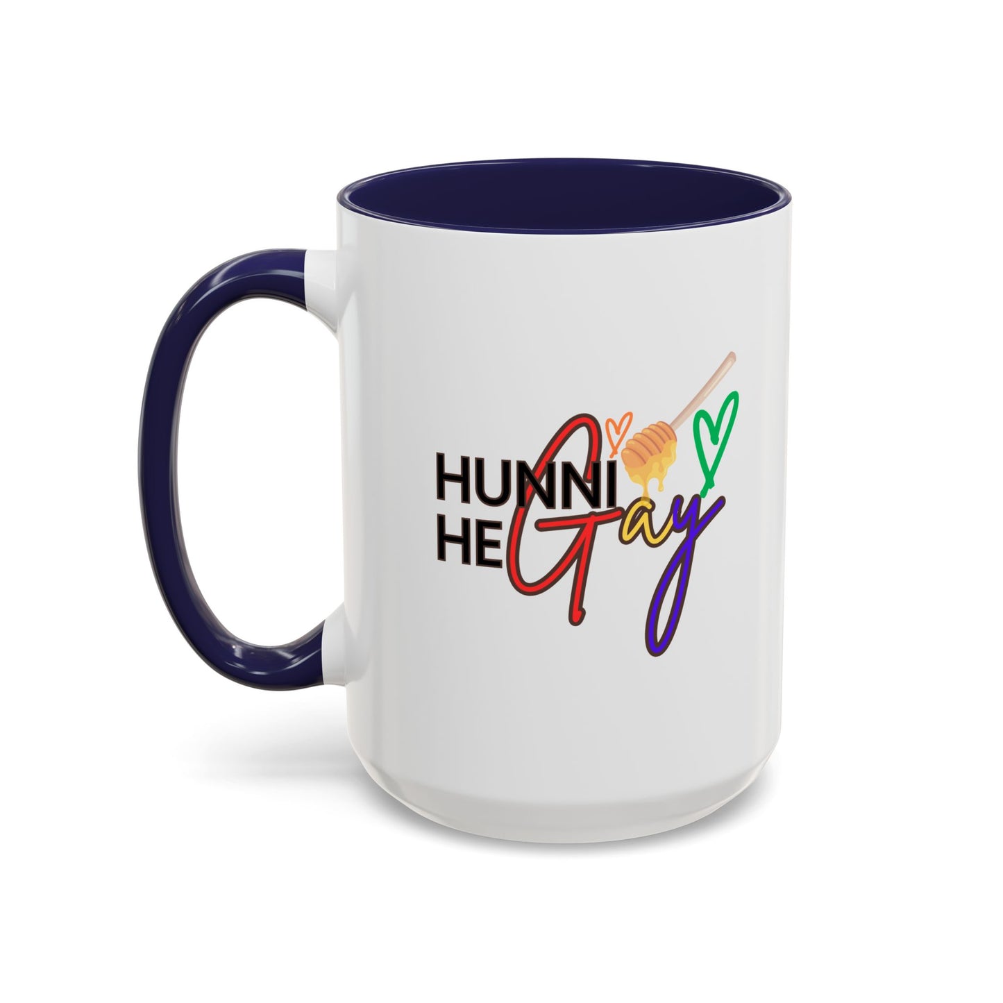 White ceramic coffee mug with "Hunni He Gay" in bold rainbow text, complemented by a deep purple handle and rim for a vibrant Pride-inspired statement piece.