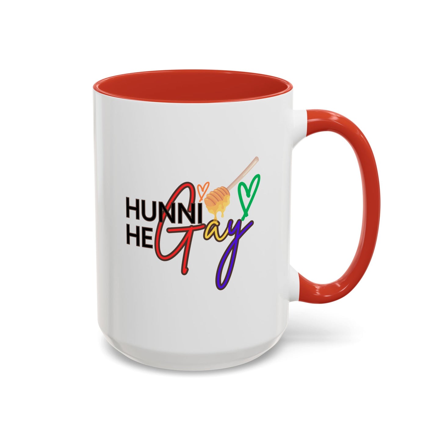 Vibrant "Hunni He Gay" ceramic mug featuring eye-catching rainbow text, finished with a fiery red handle and rim to bring unapologetic Pride energy to every sip.