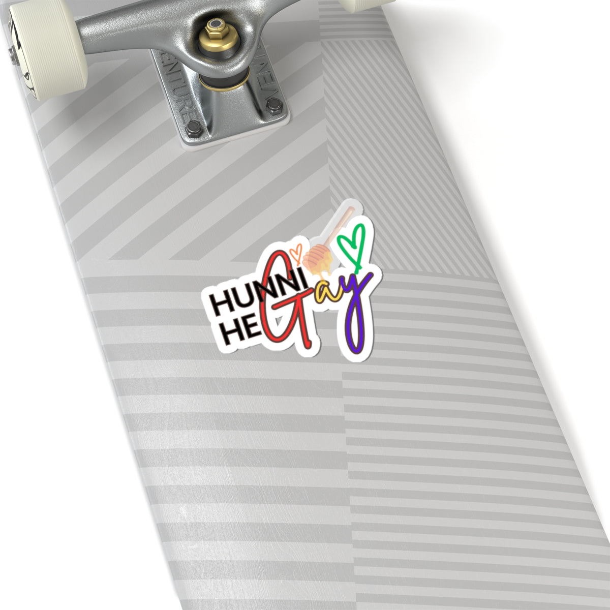 Eye-catching sticker featuring "Hunni He Gay" in a retro groovy font with a colorful Pride-themed background.