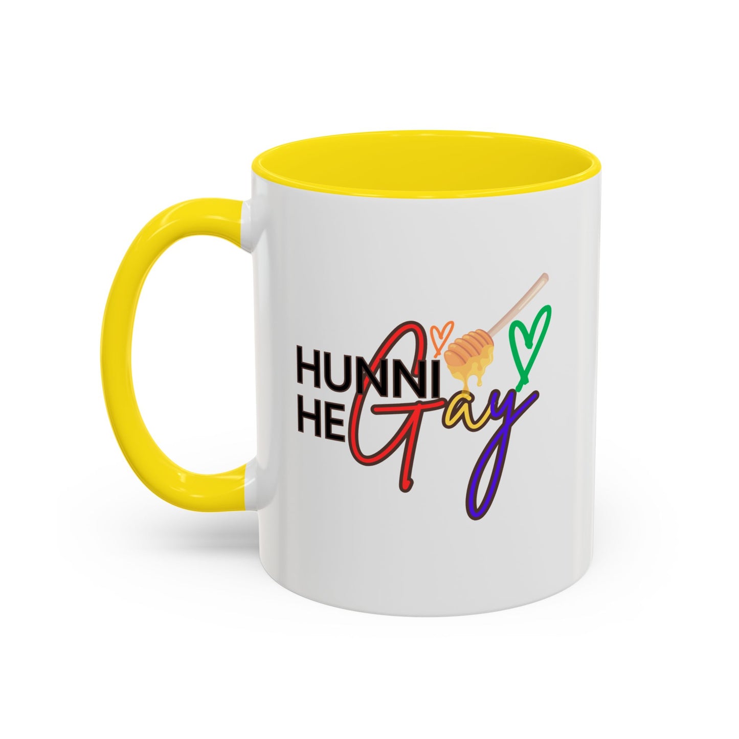 Stylish ceramic coffee cup with "Hunni He Gay" printed across a rainbow backdrop, finished with a sunny yellow handle that adds extra flair to this Pride-inspired drinkware.