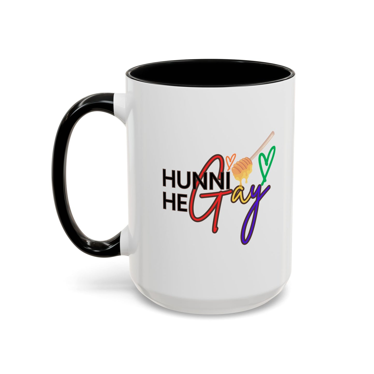 Playful and unapologetic Pride mug featuring "Hunni He Gay" in retro rainbow font, highlighted by a rich black interior and handle for a bold, standout look.