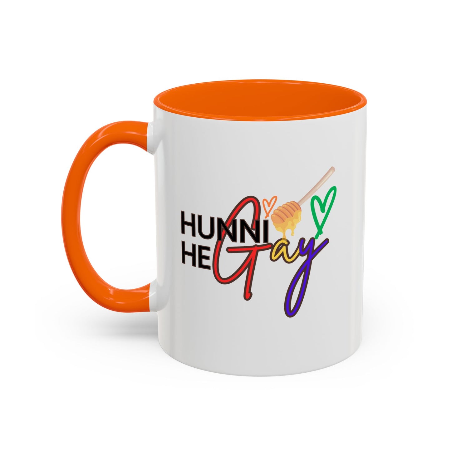 Playful and energetic Pride mug with "Hunni He Gay" printed in retro rainbow font, complemented by a bold orange handle and interior for extra flair.