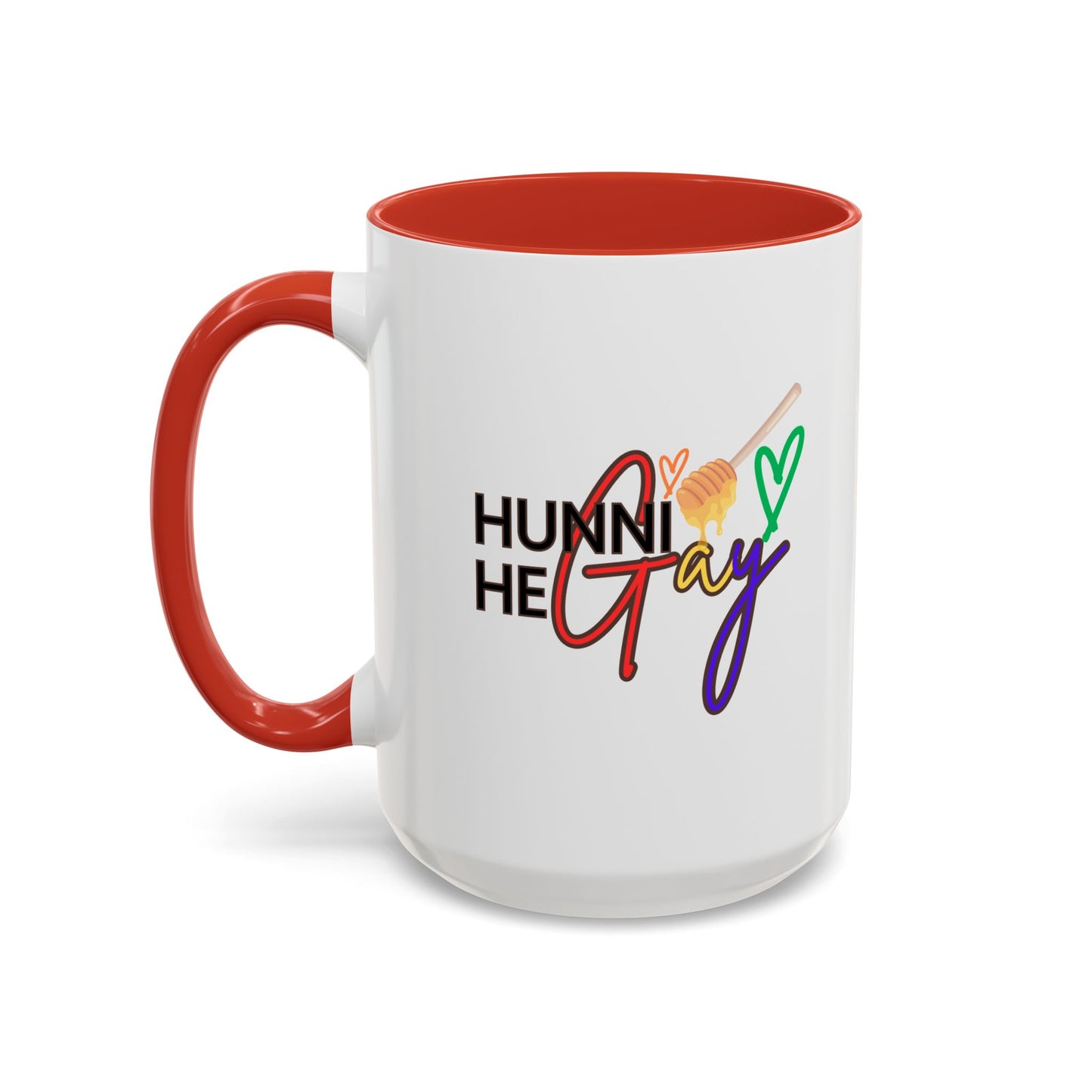 Lively Pride mug with "Hunni He Gay" printed in retro rainbow font, complemented by a bold red interior and handle for a high-energy pop of color.