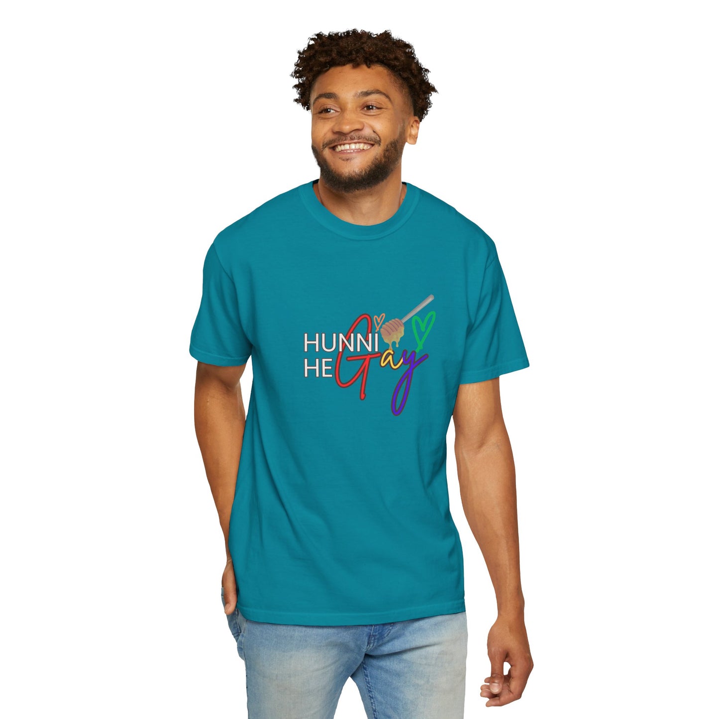 Vibrant teal “Hunni He Gay” t-shirt with bold white lettering, a fresh and stylish Pride apparel choice.
