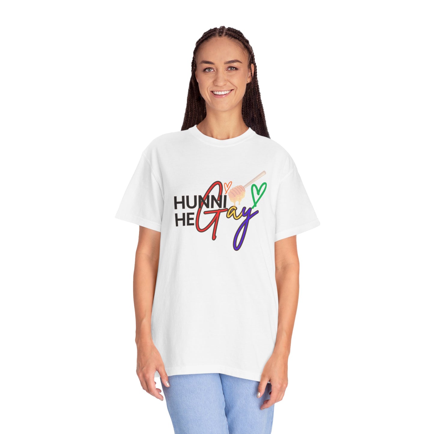 Classic white t-shirt featuring "Hunni He Gay" in bold rainbow lettering, a timeless Pride essential with a playful twist.