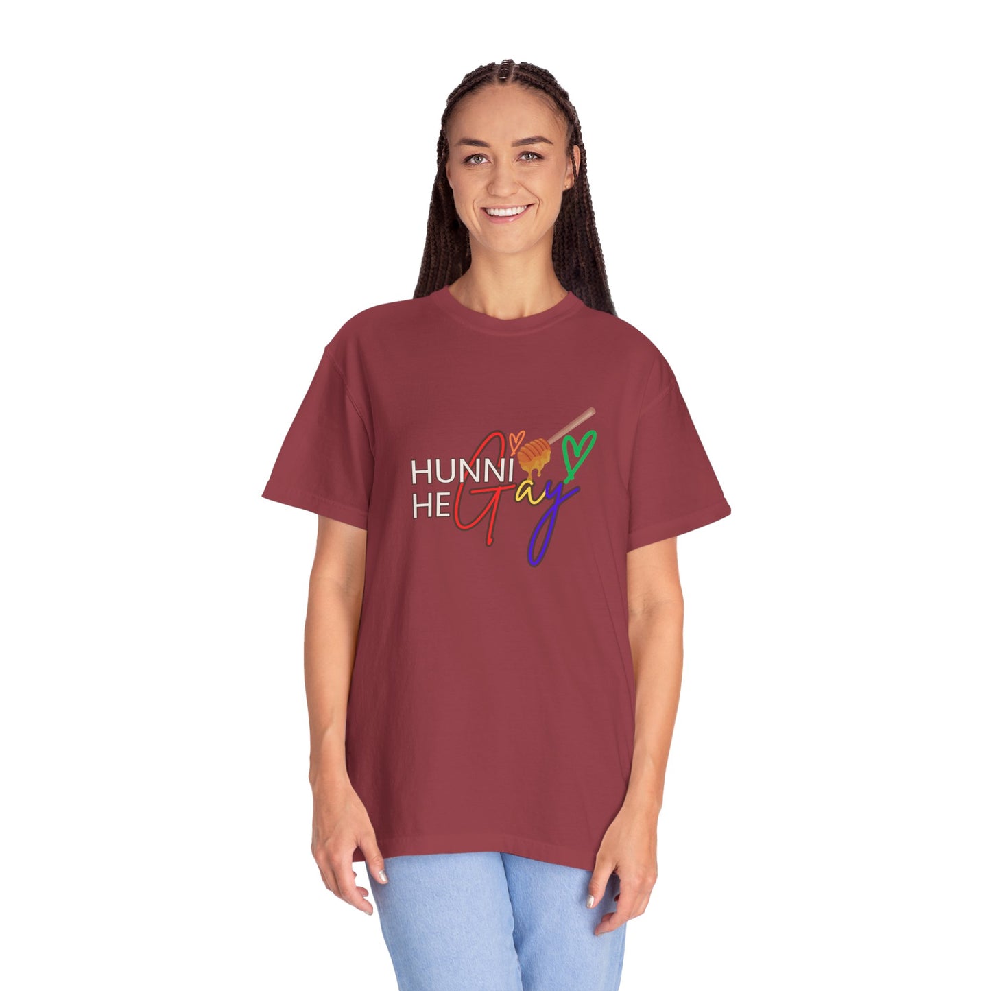 Wine-red "Hunni He Gay" t-shirt with bold white lettering, celebrating LGBTQ+ pride and self-expression.
