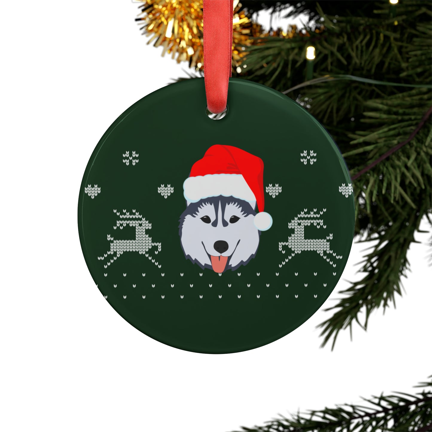Purple and gold husky-inspired Christmas ornament hanging on a holiday tree, surrounded by twinkling lights and festive greenery—perfect for school spirit and dog lovers.