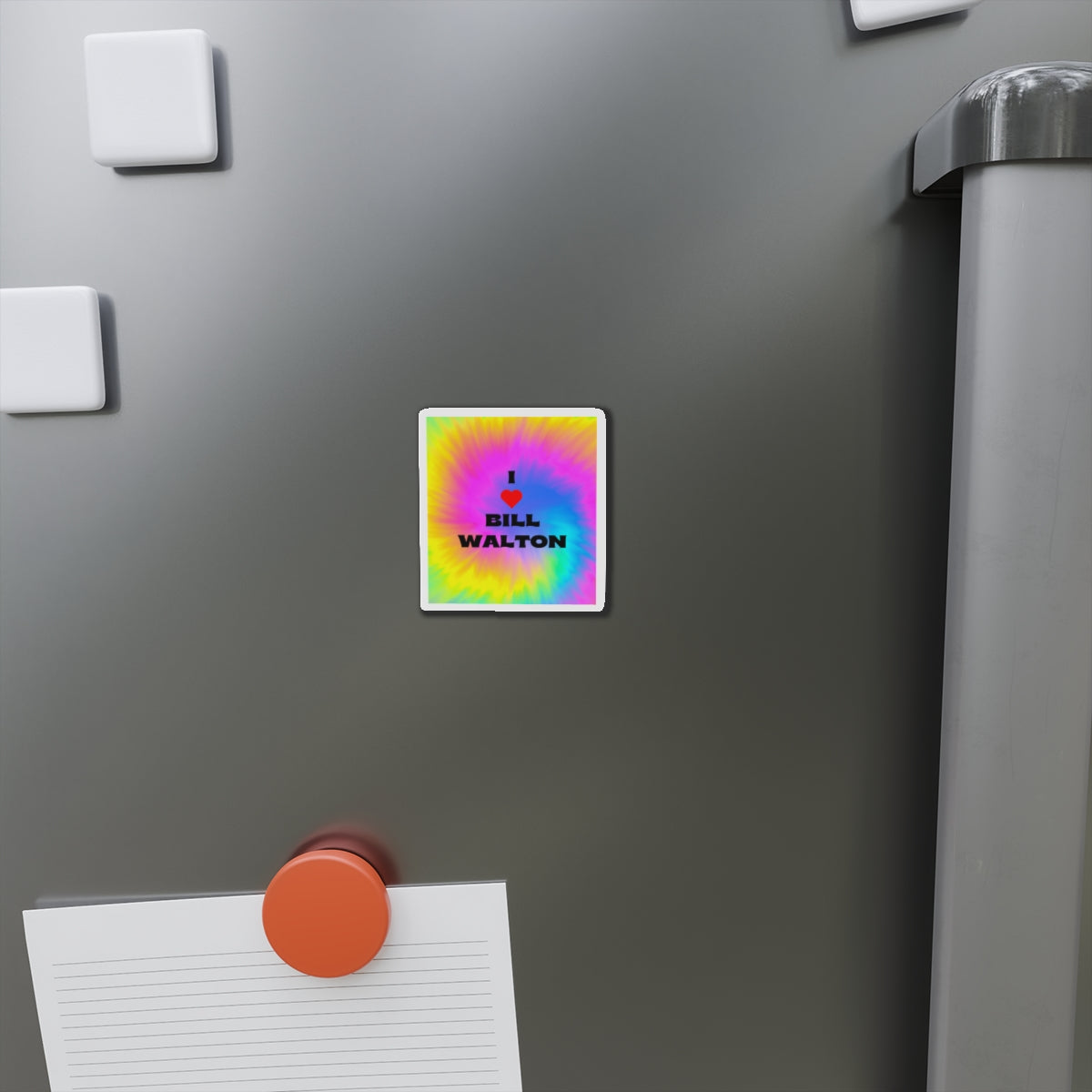 Tie-Dye Rainbow I Love Bill Walton Magnet displayed on a fridge, bringing colorful tribute to a basketball icon.