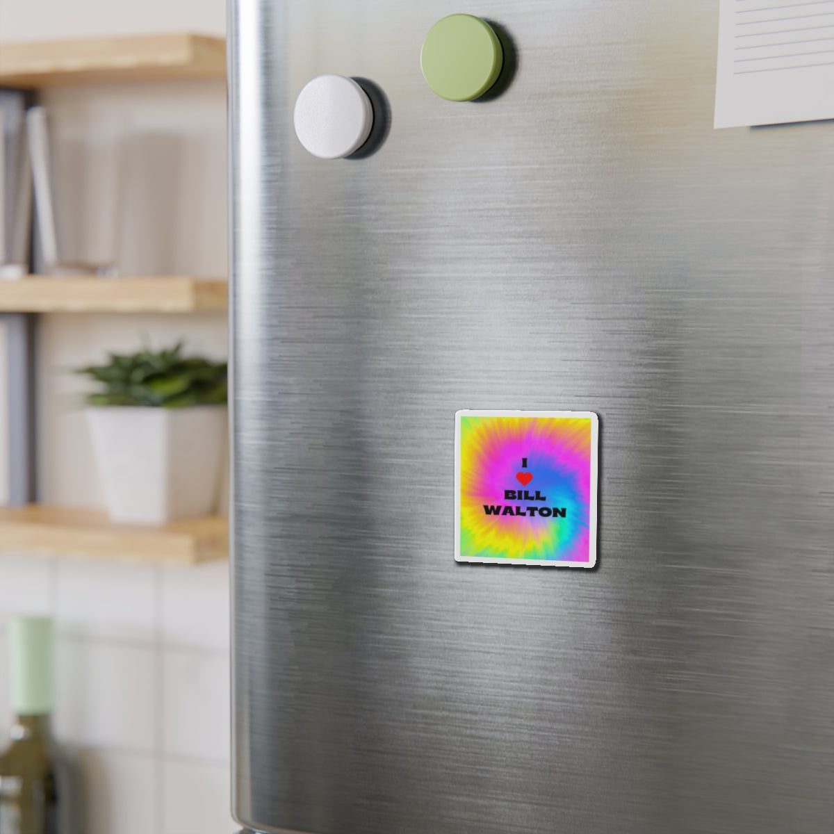 Tie-Dye Rainbow I Love Bill Walton Magnet on an office cabinet, celebrating the larger-than-life personality of a sports legend.