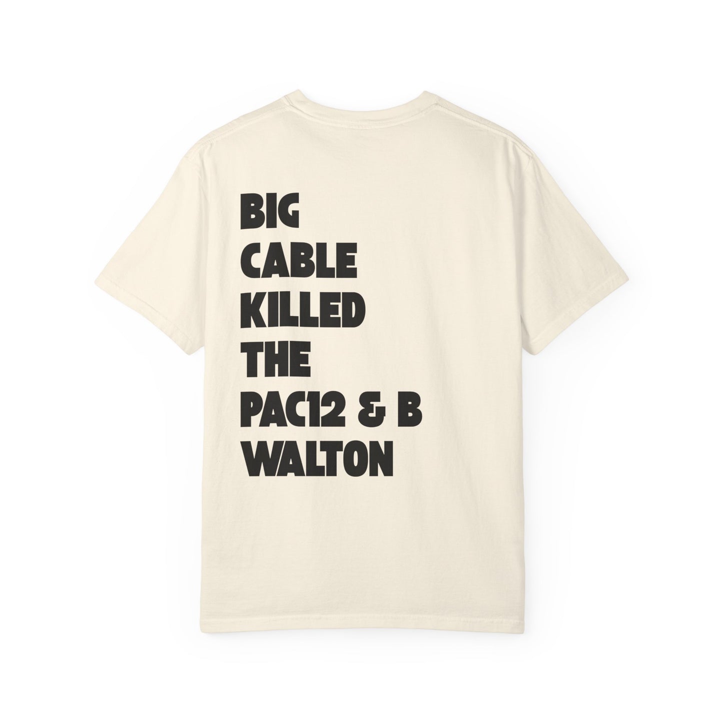 Ivory tee with retro football graphic and spicy back text blaming Big Cable for the Pac-12’s collapse and Walton’s exit.