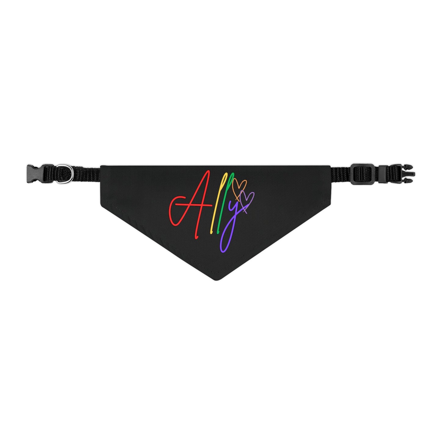A cozy, soft rainbow scarf drapes over a dog’s neck, standing out as a proud ally in the movement for equality and love.