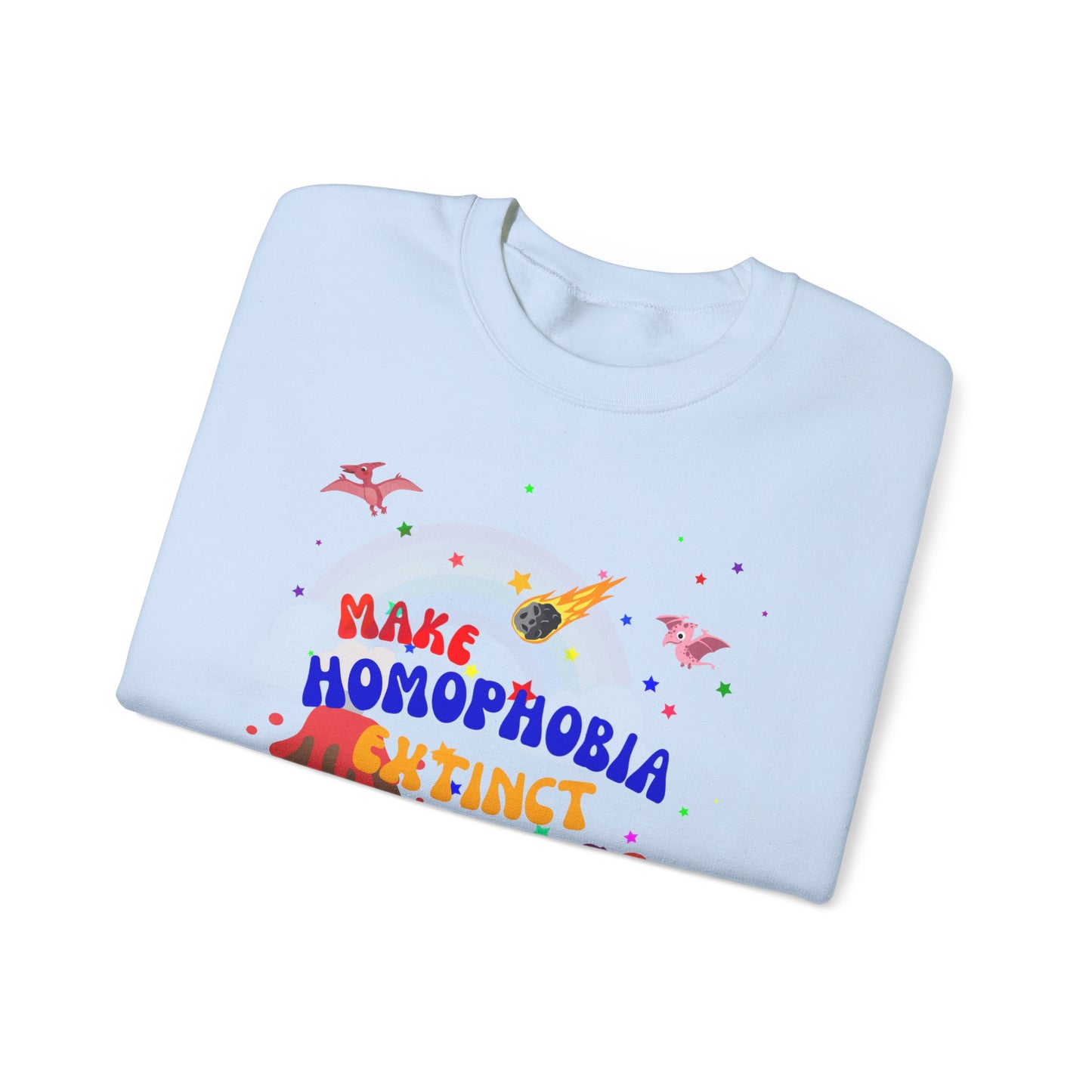 Light blue LGBTQ+ crewneck sweatshirt showcasing dinosaurs and “Make Homophobia Extinct” message—perfect for spreading love and inclusivity.