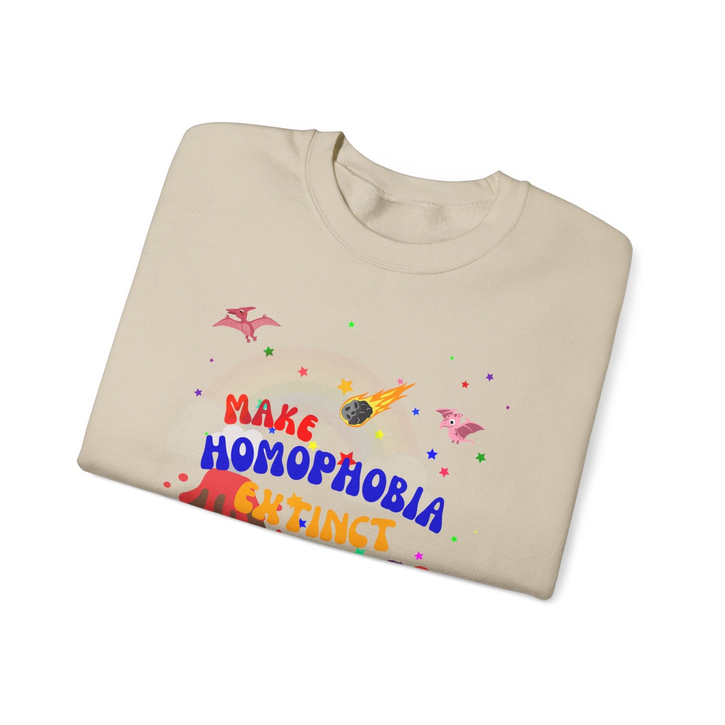 Classic beige LGBTQ+ crewneck sweatshirt showcasing dinosaurs and “Make Homophobia Extinct” message—perfect for spreading love and inclusivity.