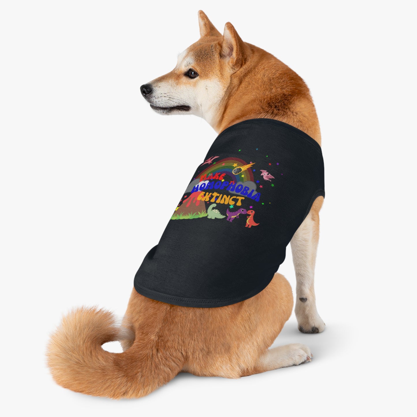 Minimalist black LGBTQ+ t-shirt with a charming dinosaur and a dog, featuring “Make Homophobia Extinct” message—perfect for spreading love and inclusivity.