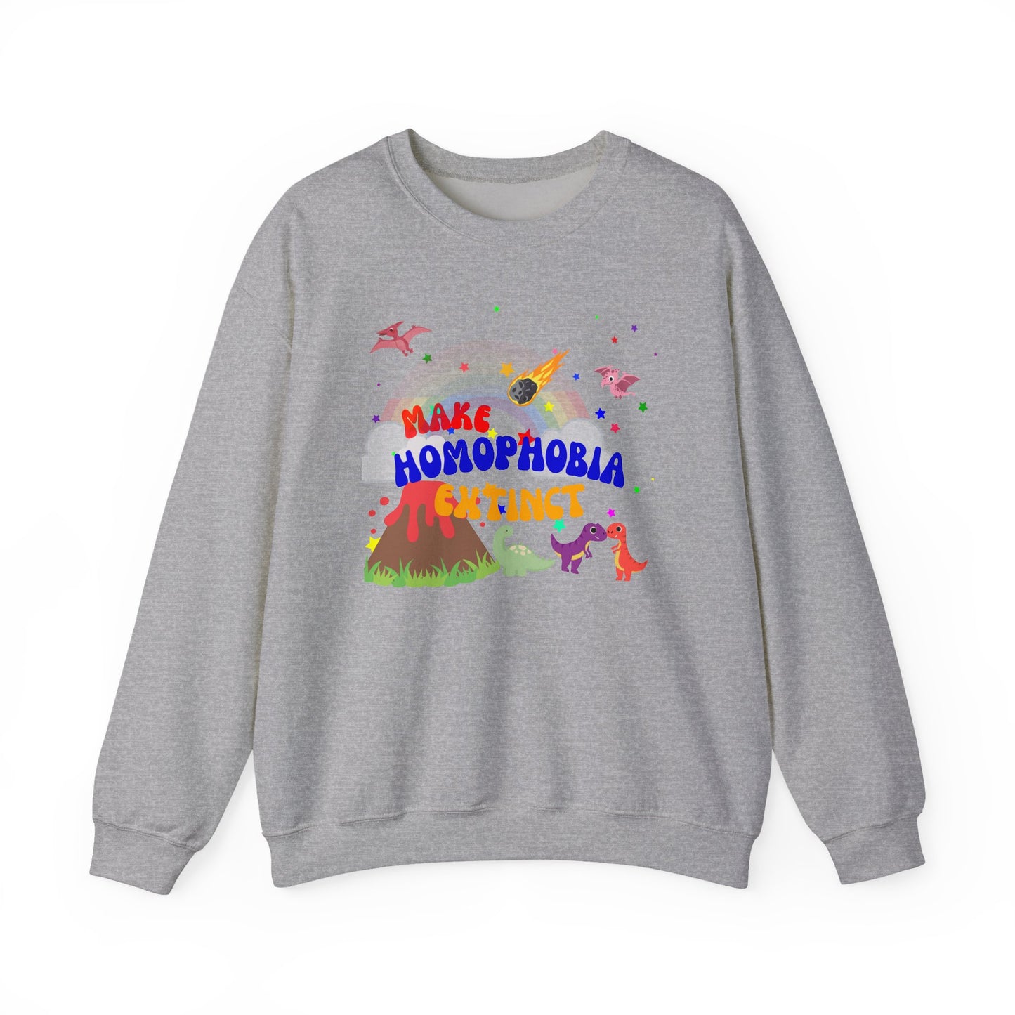 Classic gray crewneck sweatshirt showcasing dinosaurs and “Make Homophobia Extinct” message—perfect for spreading love and inclusivity.