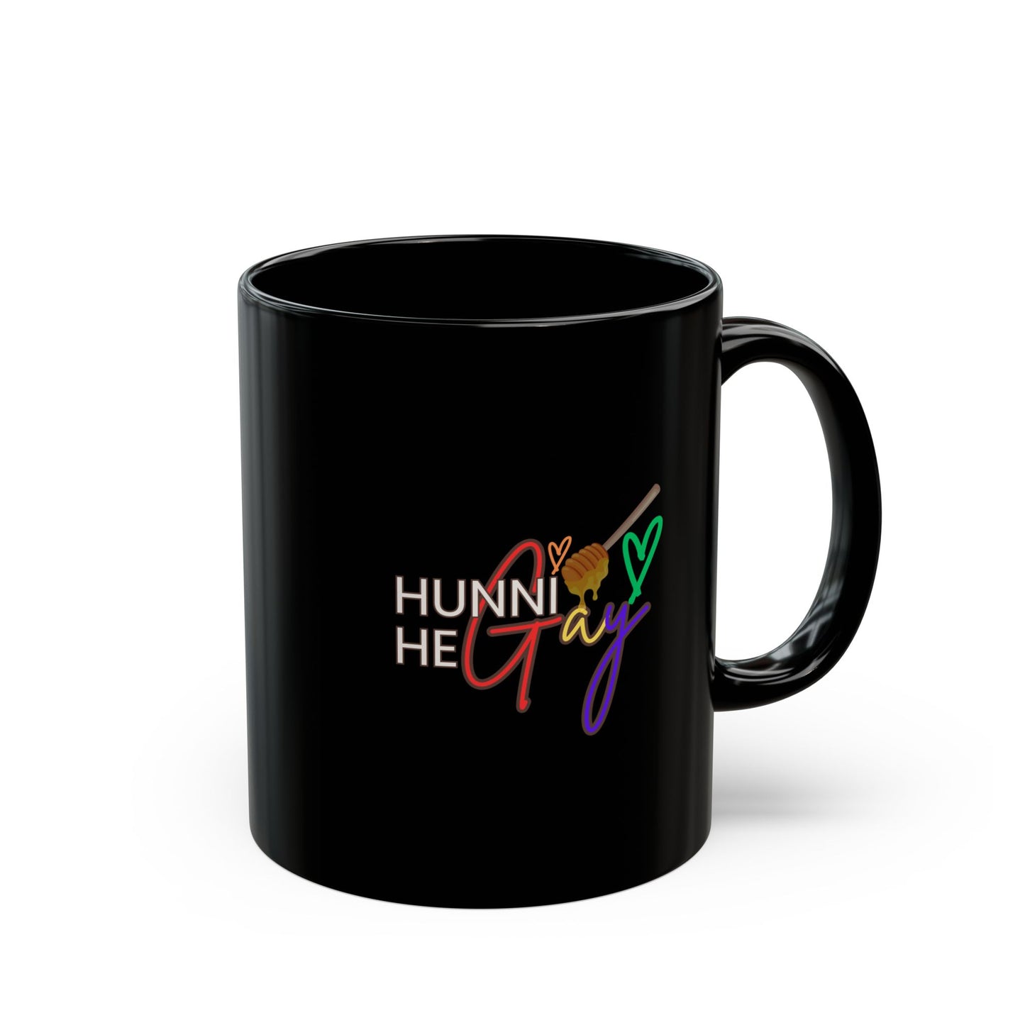 Black coffee mug featuring the fun phrase “Hunni He Gay” in vibrant text, designed for LGBTQ+ pride and empowerment.