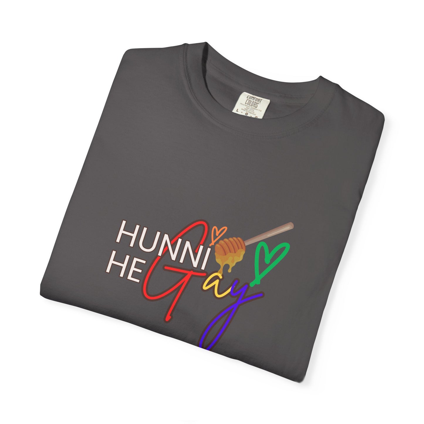 Muted charcoal LGBTQ+ t-shirt with “Hunni He Gay” printed across the chest—blending subtle sophistication with Pride energy.