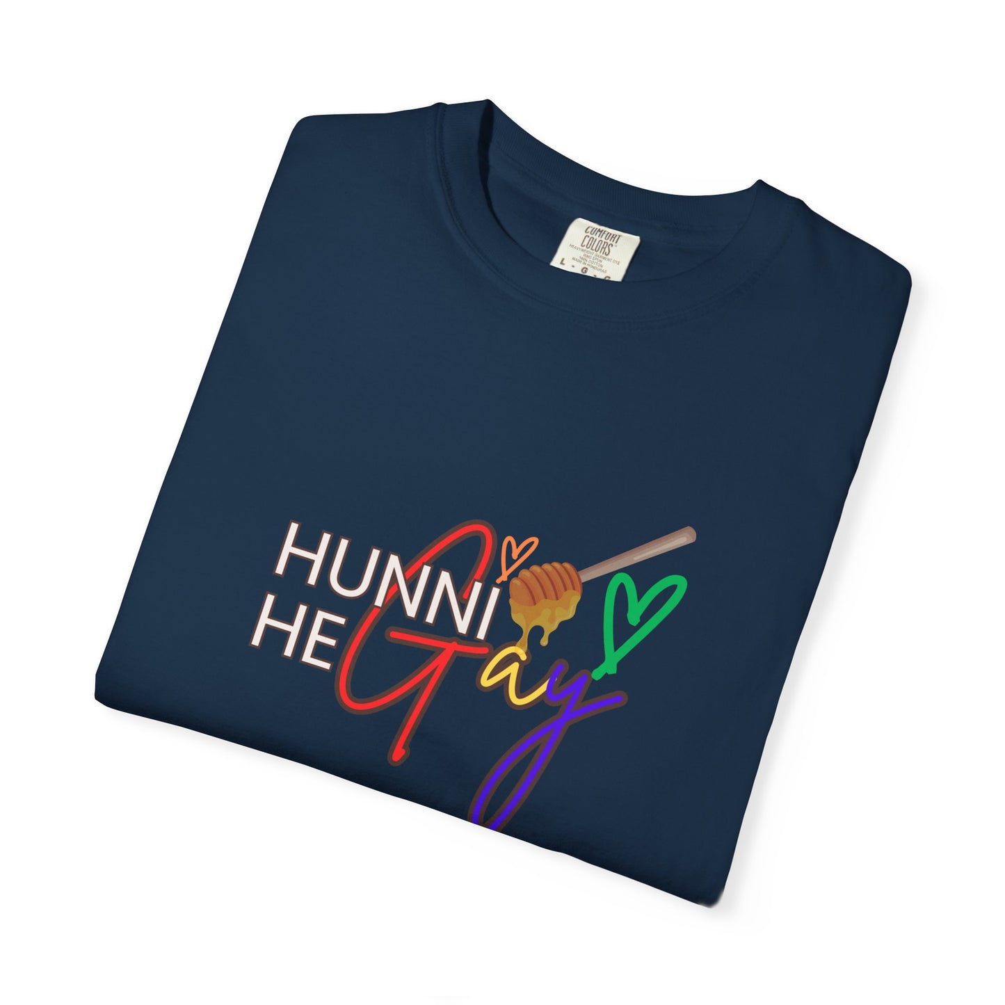Rich navy Pride t-shirt with “Hunni He Gay” printed across the chest—blending style and self-expression in a deep blue hue.