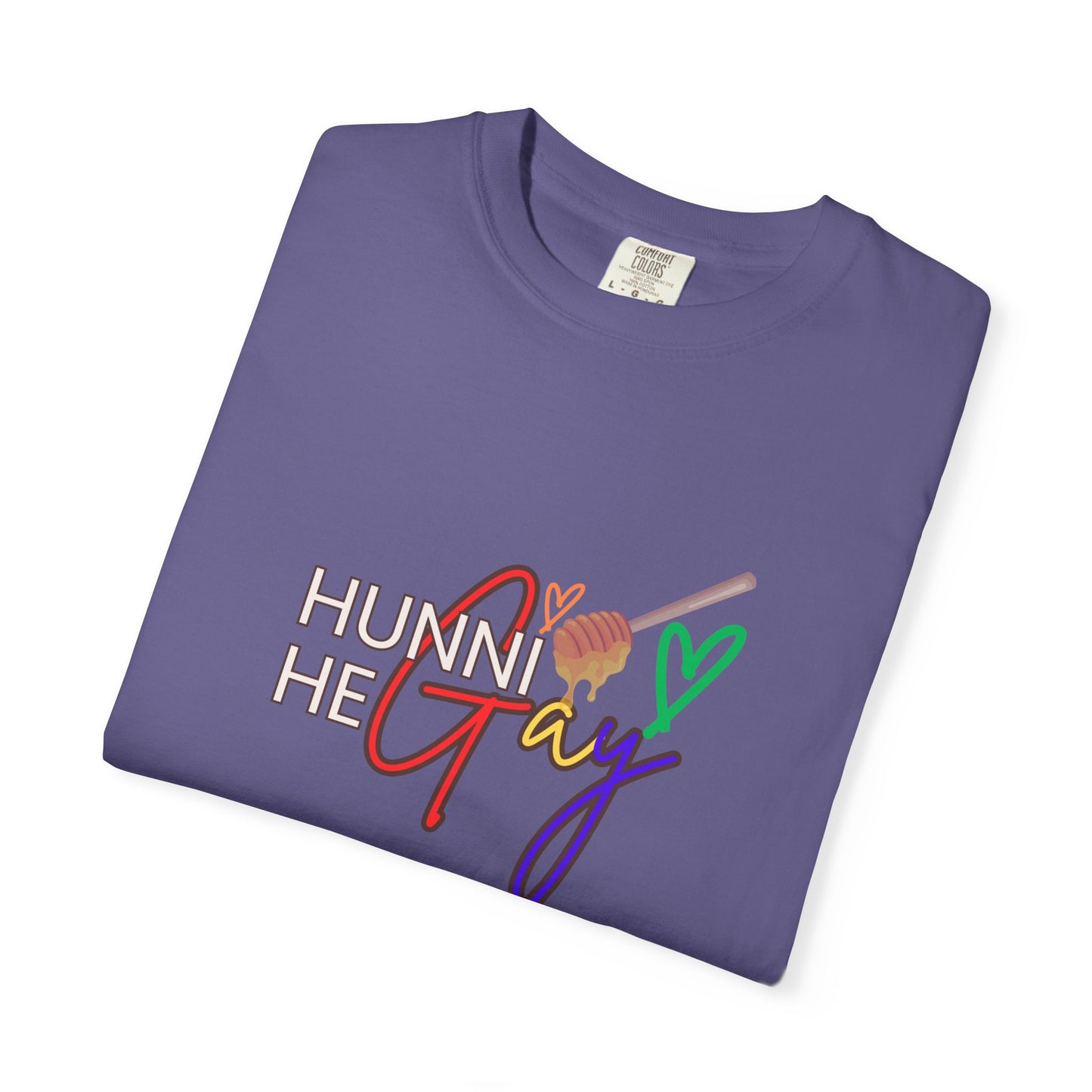 Bold purple Pride apparel with “Hunni He Gay” printed across the chest, bringing energy and confidence to any outfit