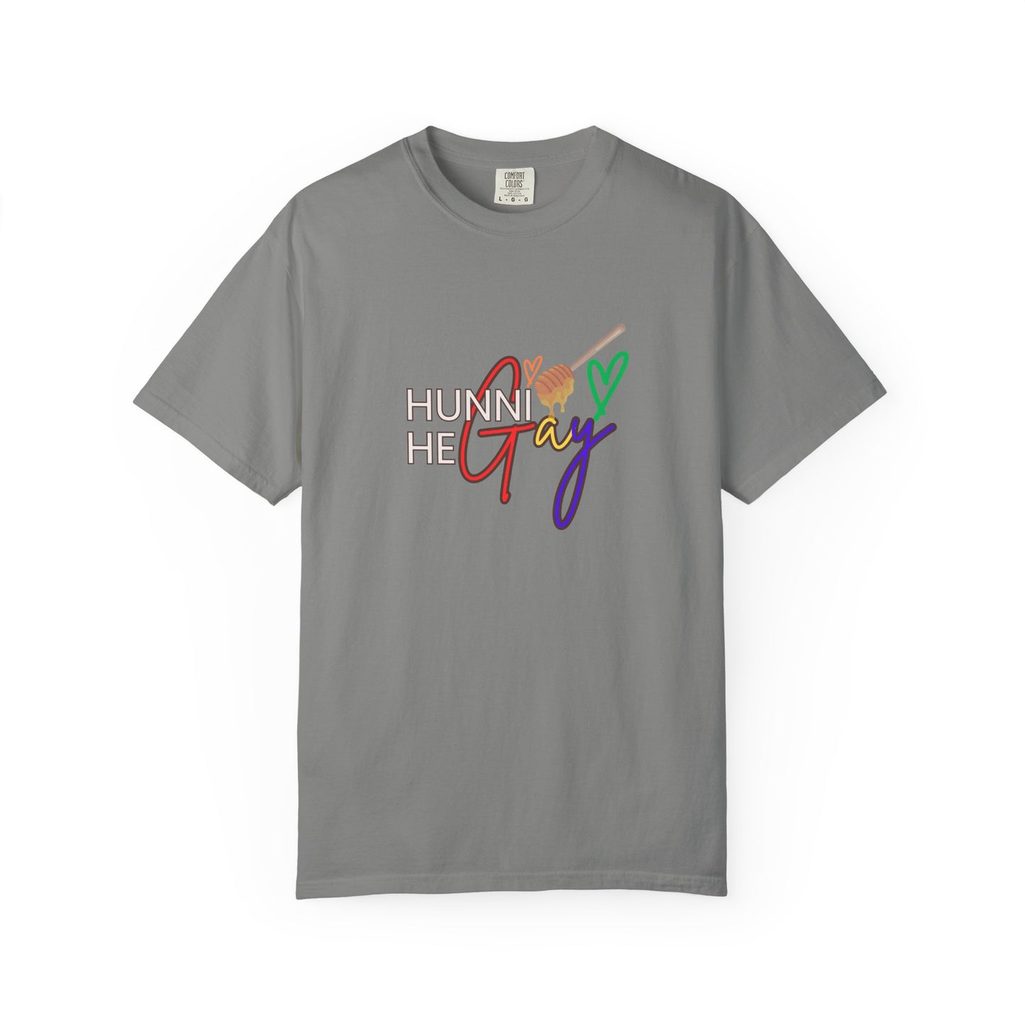 Light gray Pride t-shirt with “Hunni He Gay” printed across the front—neutral, stylish, and effortlessly wearable