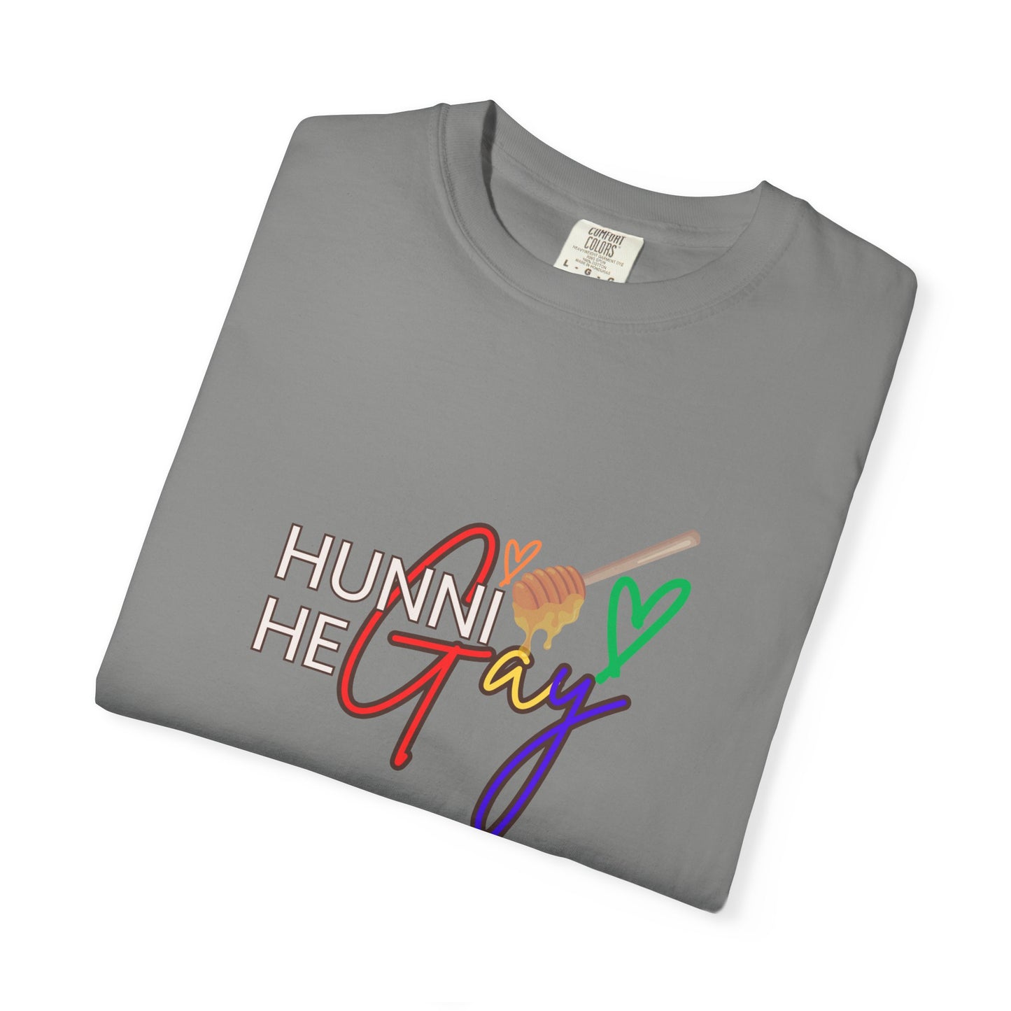 Soft gray LGBTQ+ t-shirt with “Hunni He Gay” printed across the chest—effortlessly cool Pride apparel